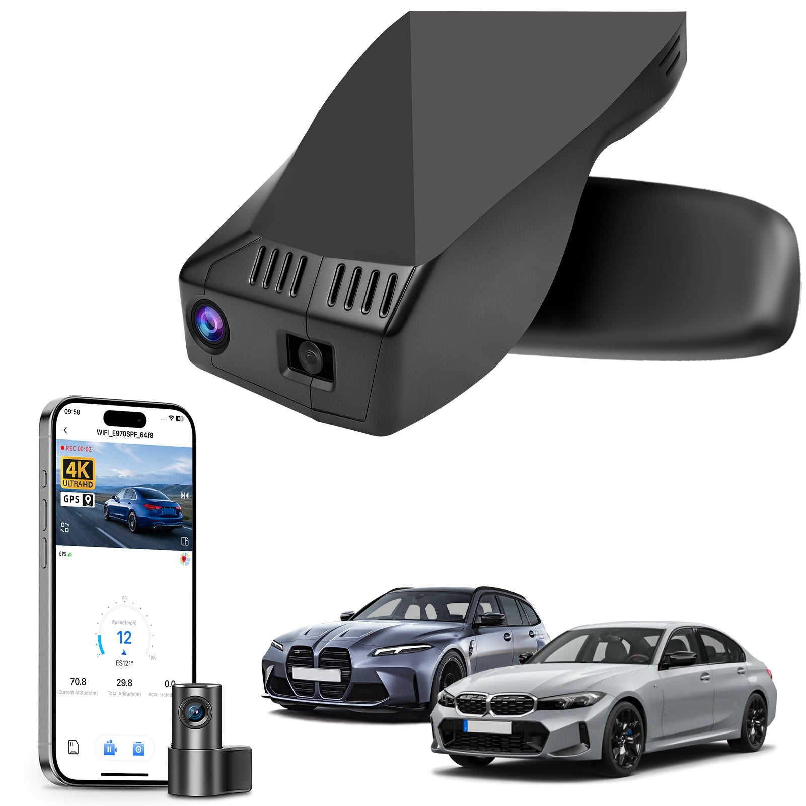 Mangoal 2 channel dash cam with STARVIS sensor, features smartphone app control, front 4K UHD and rear Full HD recording, GPS tracking, and BMW 3 Series Gen7 models in the background.