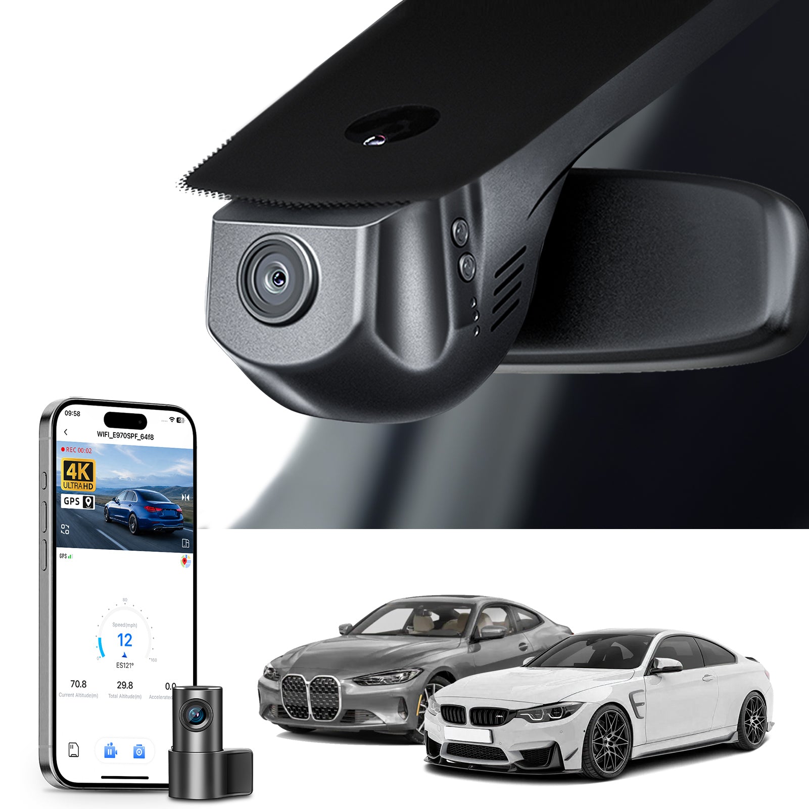 Mangoal 2 channel dash cam with STARVIS sensor, features smartphone app control, front 4K UHD and rear Full HD recording, GPS tracking, and BMW 4 Series Gen1 models in the background.