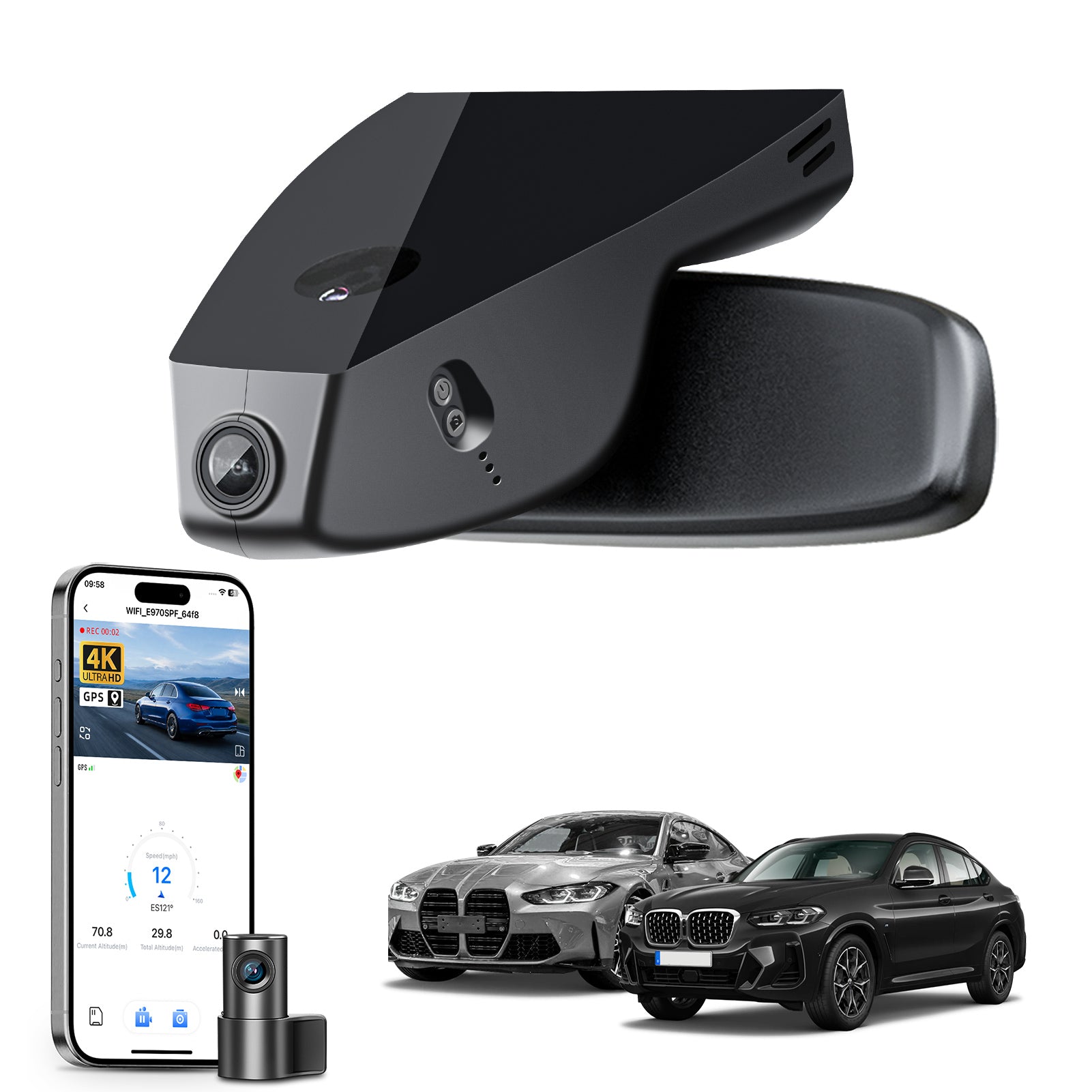 Mangoal 2 channel dash cam with STARVIS sensor, features smartphone app control, front 4K UHD and rear Full HD recording, GPS tracking, and BMW 4 Series Gen2 models in the background.