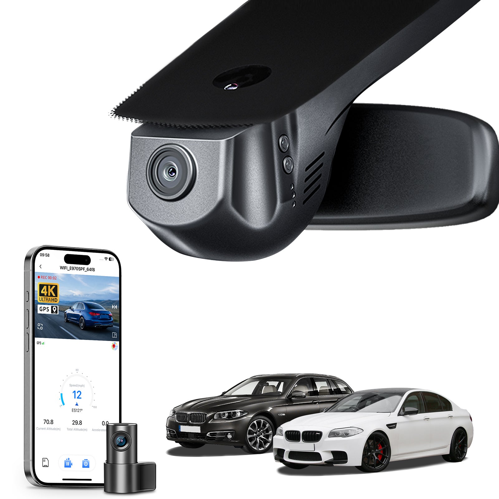 Mangoal 2 channel dash cam with STARVIS sensor, features smartphone app control, front 4K UHD and rear Full HD recording, GPS tracking, and BMW 5 Series Gen6 models in the background.