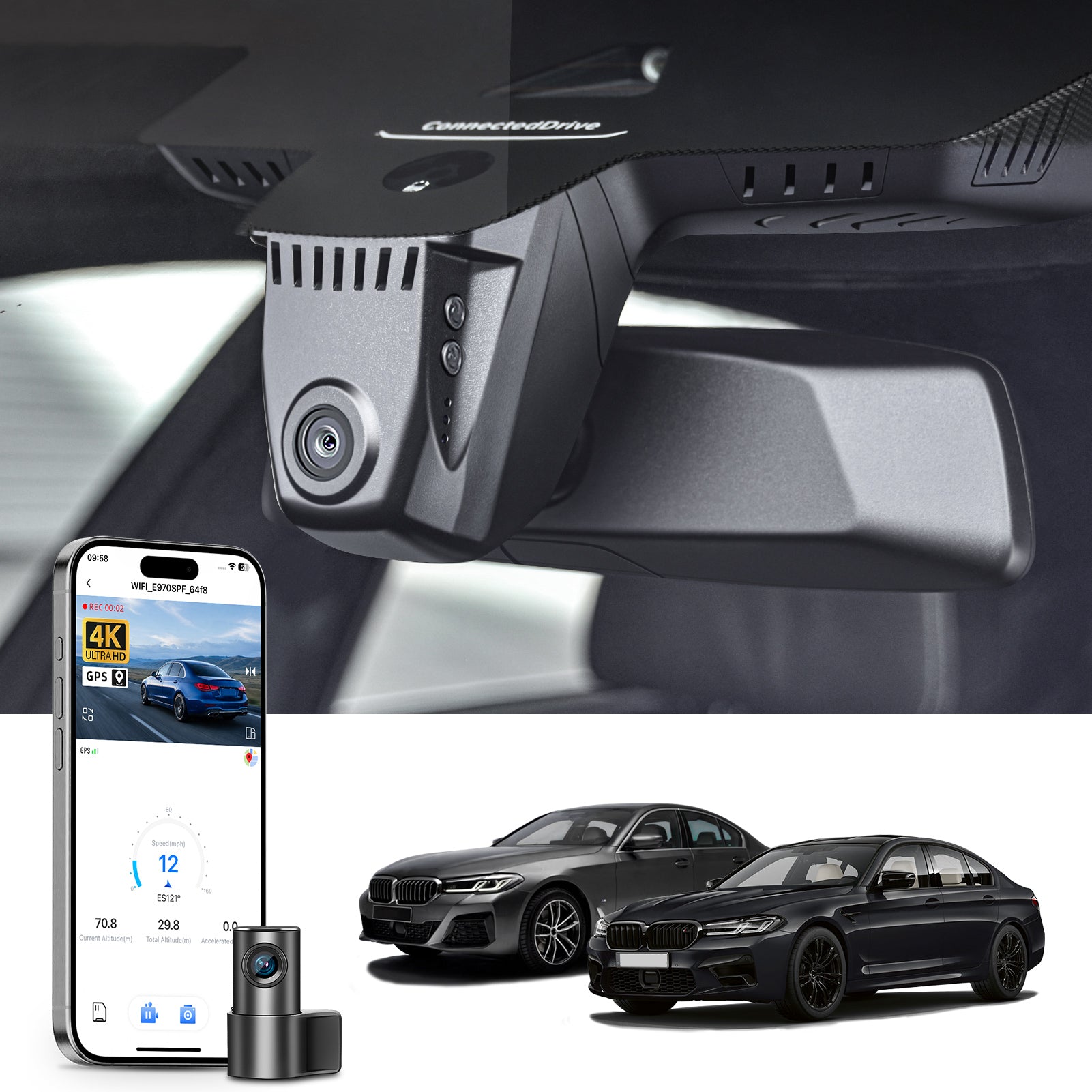 Mangoal 2 channel dash cam with STARVIS sensor, features smartphone app control, front 4K UHD and rear Full HD recording, GPS tracking, and BMW 5 Series Gen7 models in the background.