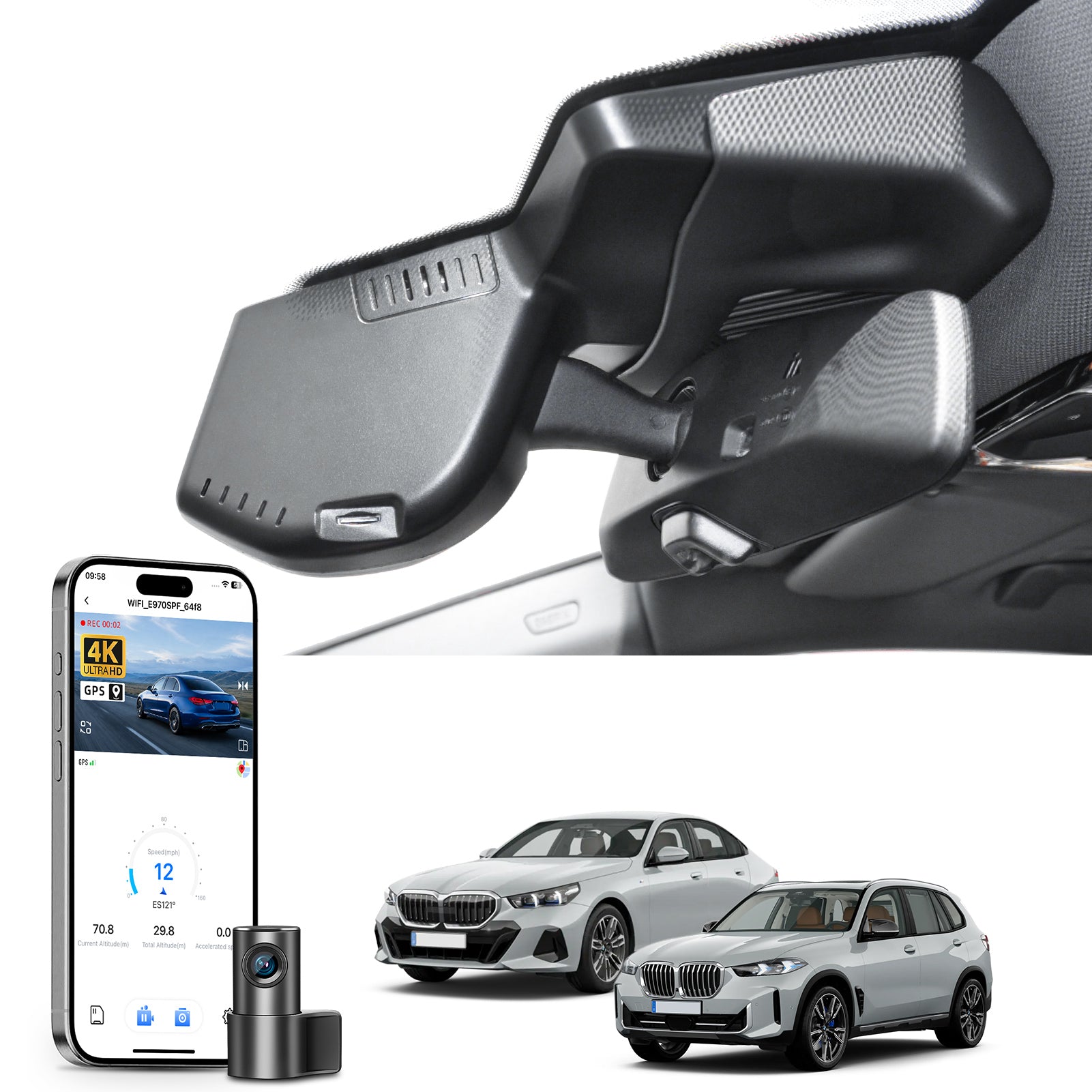 Mangoal 2 channel dash cam with STARVIS sensor, features smartphone app control, front 4K UHD and rear Full HD recording, GPS tracking, and BMW 5 Series Gen8 models in the background.