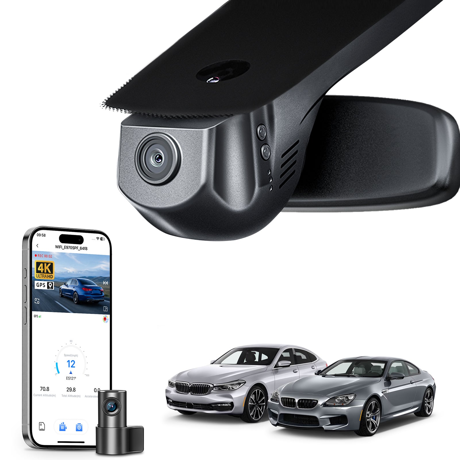 Mangoal 2 channel dash cam with STARVIS sensor, features smartphone app control, front 4K UHD and rear Full HD recording, GPS tracking, and BMW 6 Series Gen3 models in the background.