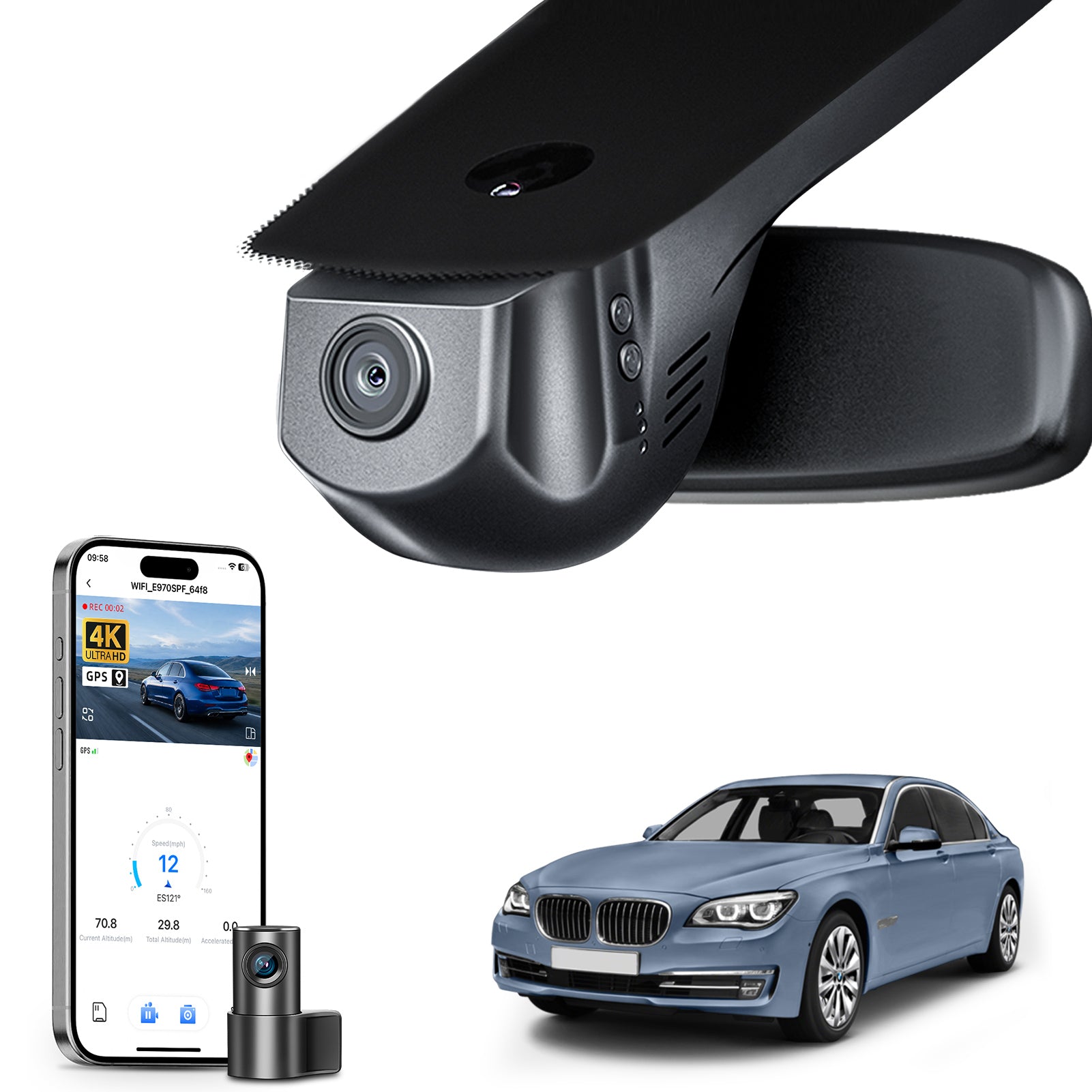 Mangoal 2 channel dash cam with STARVIS sensor, features smartphone app control, front 4K UHD and rear Full HD recording, GPS tracking, and BMW 7 Series Gen5 models in the background.