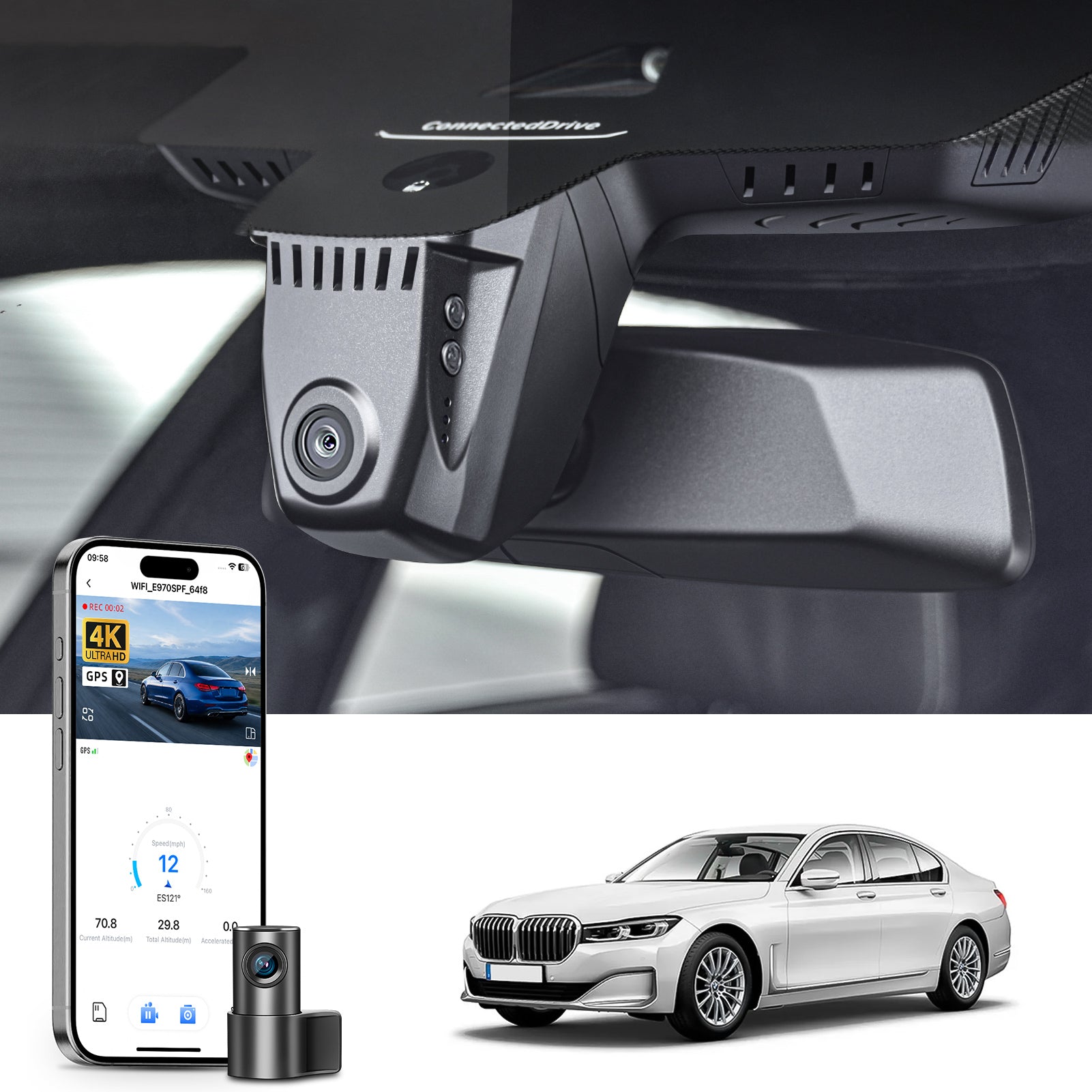 Mangoal 2 channel dash cam with STARVIS sensor, features smartphone app control, front 4K UHD and rear Full HD recording, GPS tracking, and BMW 7 Series Gen6 models in the background.