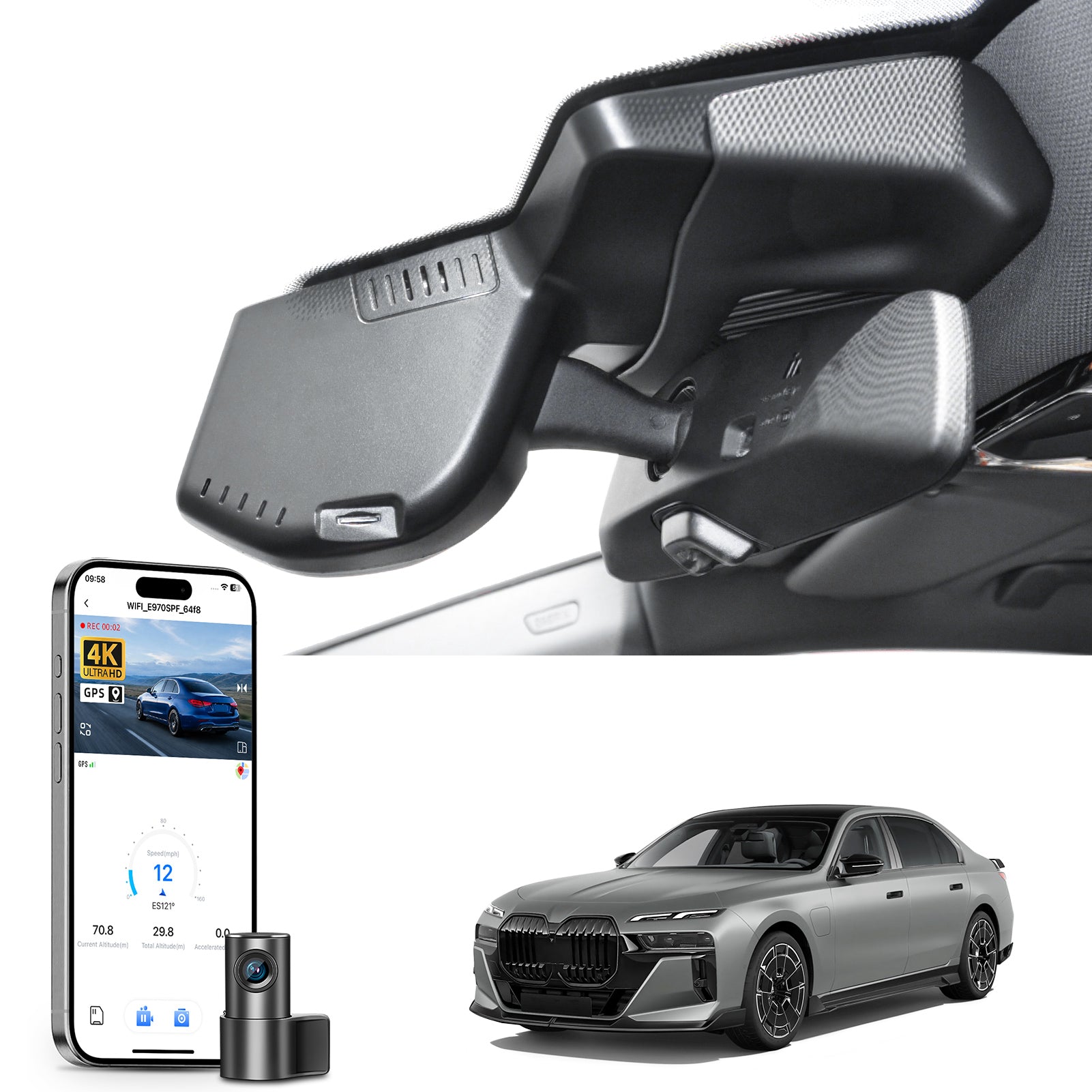 Mangoal 2 channel dash cam with STARVIS sensor, features smartphone app control, front 4K UHD and rear Full HD recording, GPS tracking, and BMW 7 Series Gen7 models in the background.