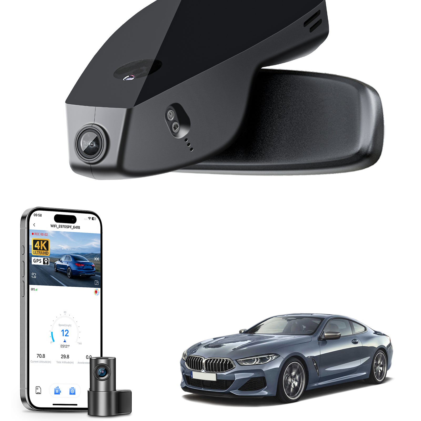 Mangoal 2 channel dash cam with STARVIS sensor, features smartphone app control, front 4K UHD and rear Full HD recording, GPS tracking, and BMW 8 Series Gen2 models in the background.