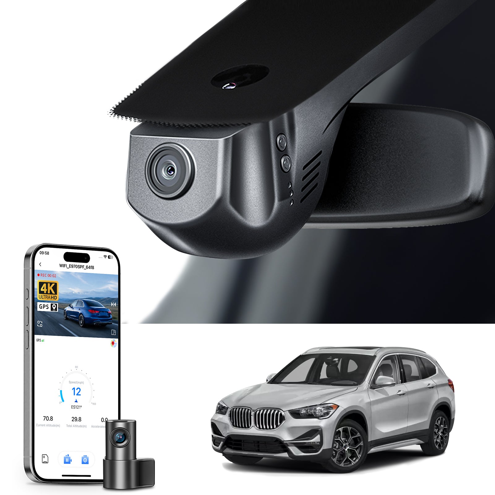 Mangoal 2 channel dash cam with STARVIS sensor, features smartphone app control, front 4K UHD and rear Full HD recording, GPS tracking, and BMW X1 Gen2 models in the background.