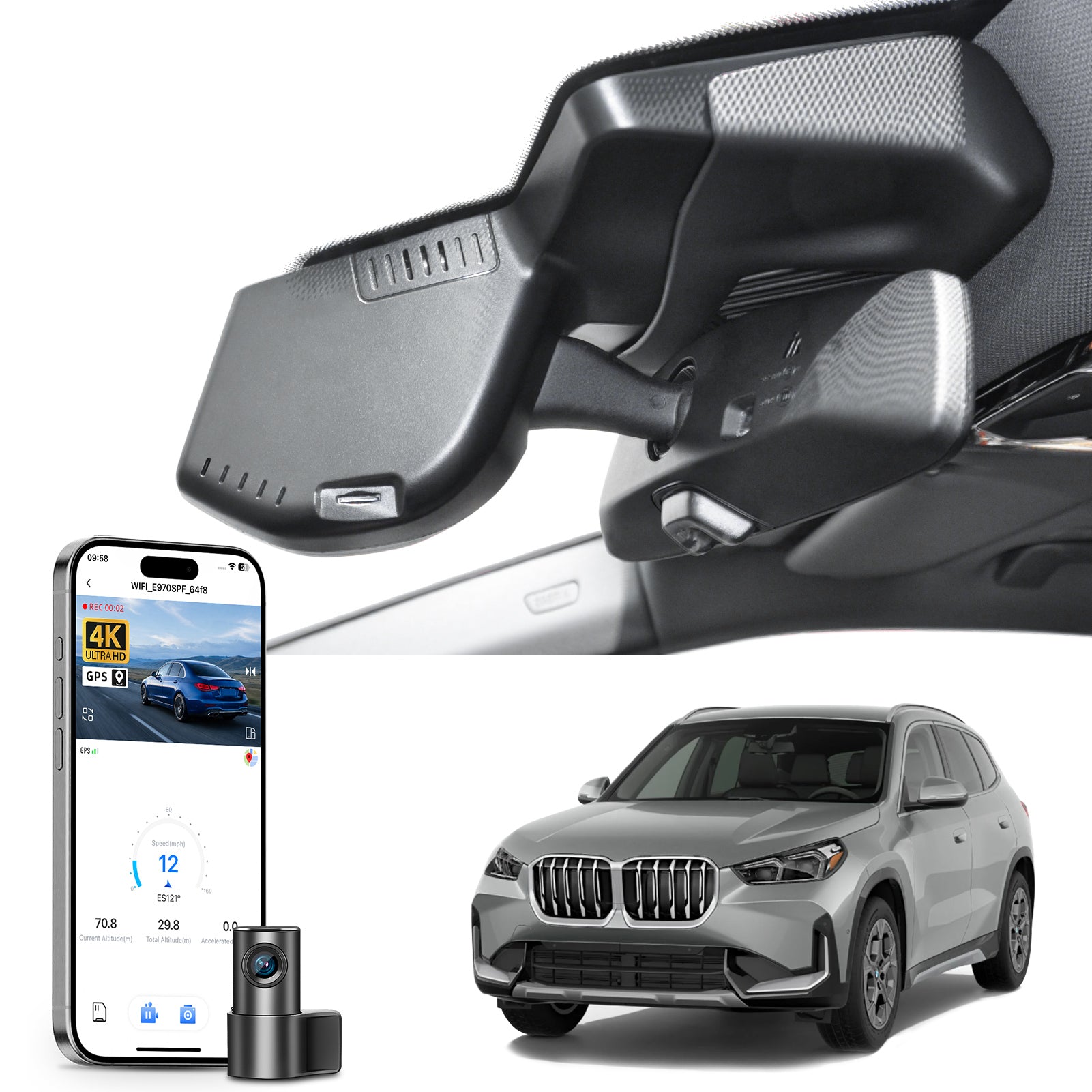 Mangoal 2 channel dash cam with STARVIS sensor, features smartphone app control, front 4K UHD and rear Full HD recording, GPS tracking, and BMW X1 Gen3 models in the background.