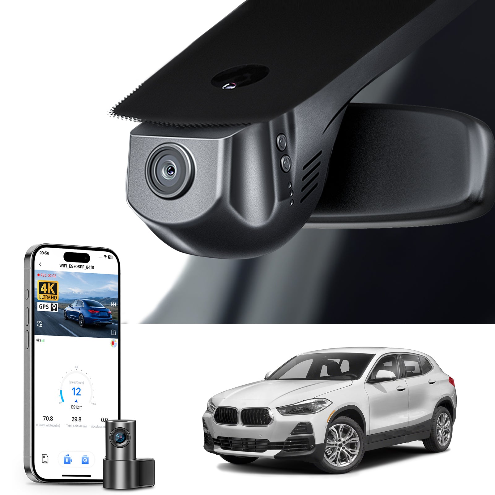 Mangoal 2 channel dash cam with STARVIS sensor, features smartphone app control, front 4K UHD and rear Full HD recording, GPS tracking, and BMW X2 Gen1 models in the background.