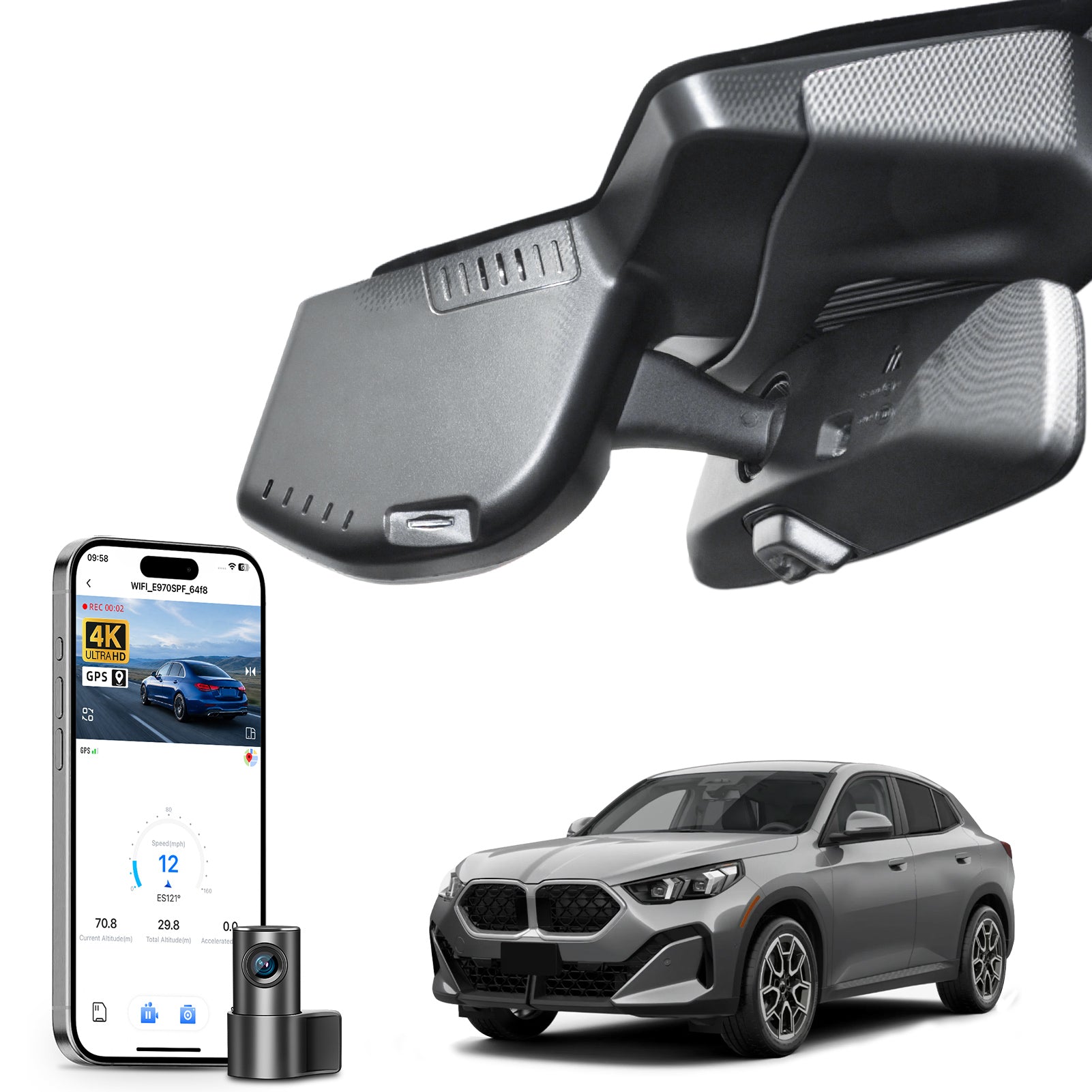 Mangoal 2 channel dash cam with STARVIS sensor, features smartphone app control, front 4K UHD and rear Full HD recording, GPS tracking, and BMW X2 Gen2 models in the background.