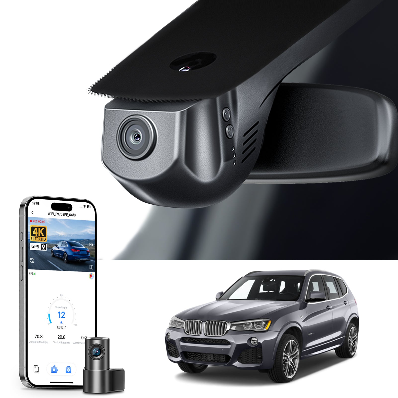 Mangoal 2 channel dash cam with STARVIS sensor, features smartphone app control, front 4K UHD and rear Full HD recording, GPS tracking, and BMW X3 Gen2 models in the background.