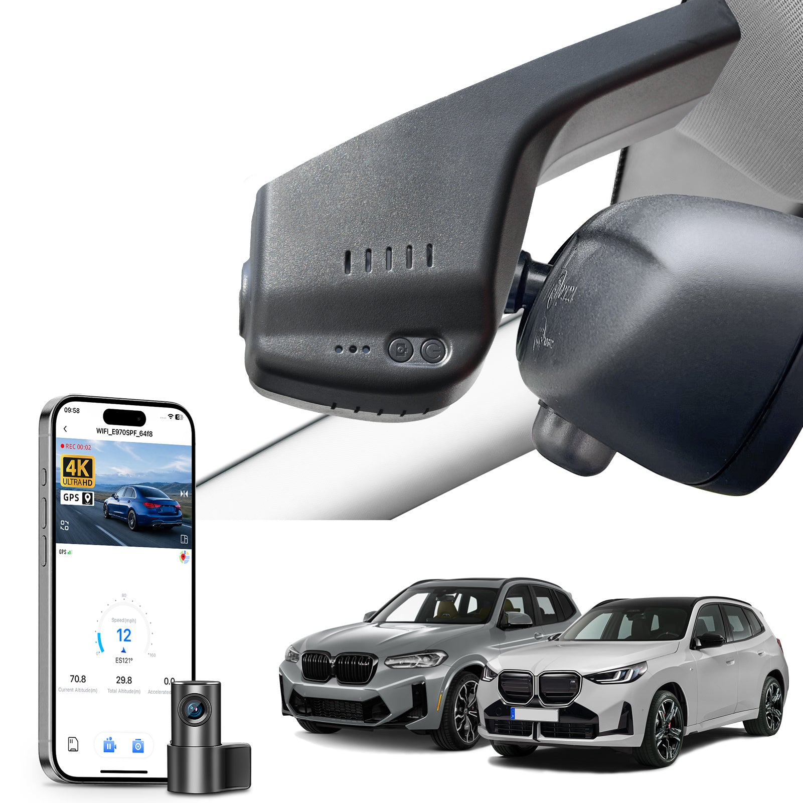 Mangoal 2 channel dash cam with STARVIS sensor, features smartphone app control, front 4K UHD and rear Full HD recording, GPS tracking, and BMW X3 Gen3 models in the background.