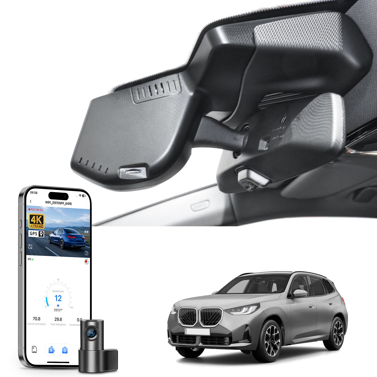 Mangoal 2 channel dash cam with STARVIS sensor, features smartphone app control, front 4K UHD and rear Full HD recording, GPS tracking, and BMW X3 Gen4 models in the background.