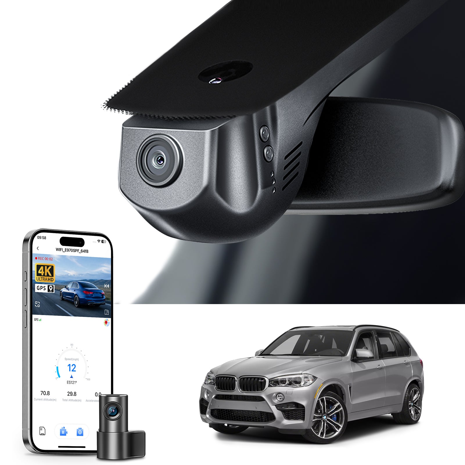 Mangoal 2 channel dash cam with STARVIS sensor, features smartphone app control, front 4K UHD and rear Full HD recording, GPS tracking, and BMW X5 Gen3 models in the background.