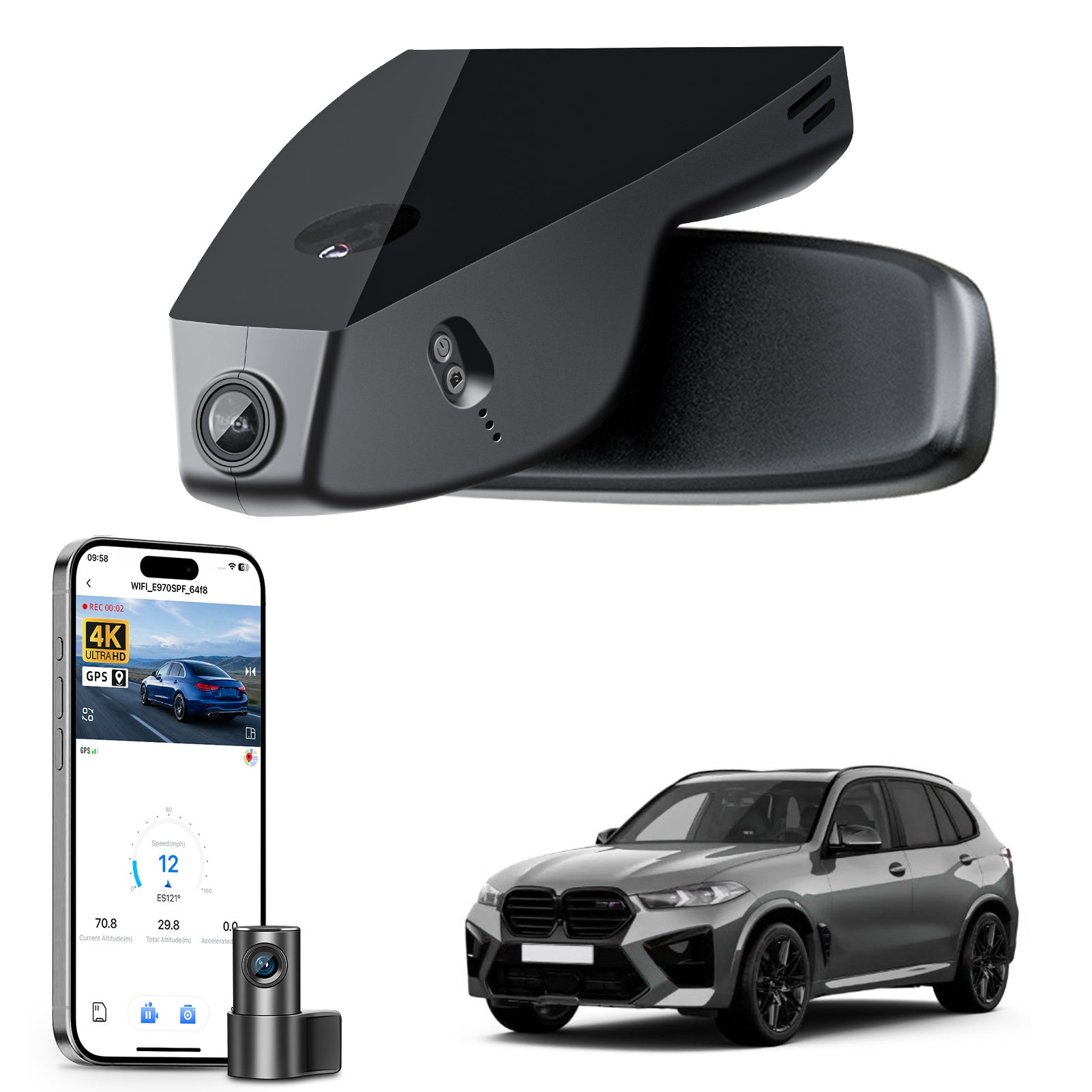 Mangoal 2 channel dash cam with STARVIS sensor, features smartphone app control, front 4K UHD and rear Full HD recording, GPS tracking, and BMW X5 Gen4 models in the background.