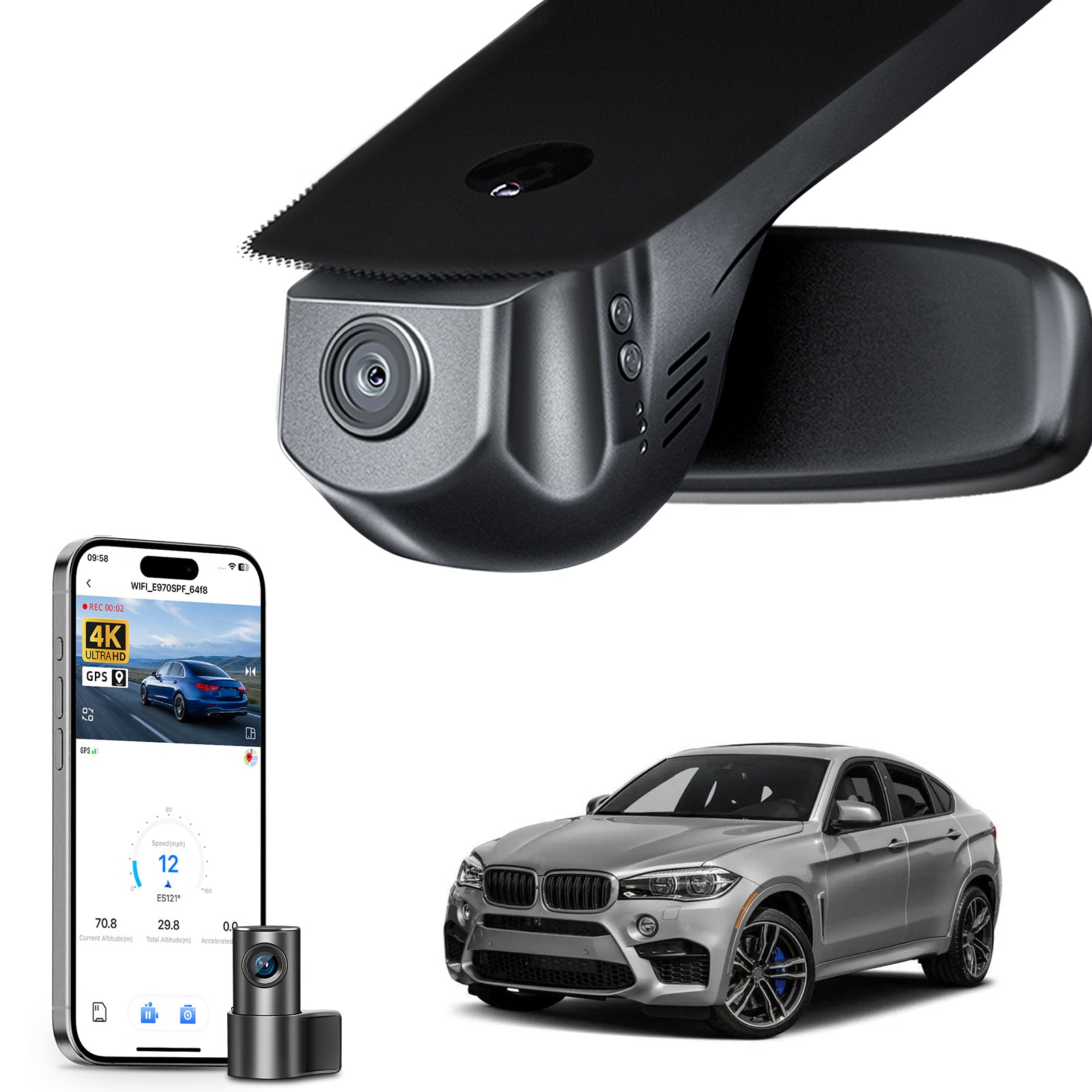 Mangoal 2 channel dash cam with STARVIS sensor, features smartphone app control, front 4K UHD and rear Full HD recording, GPS tracking, and BMW X6 Gen2 models in the background.