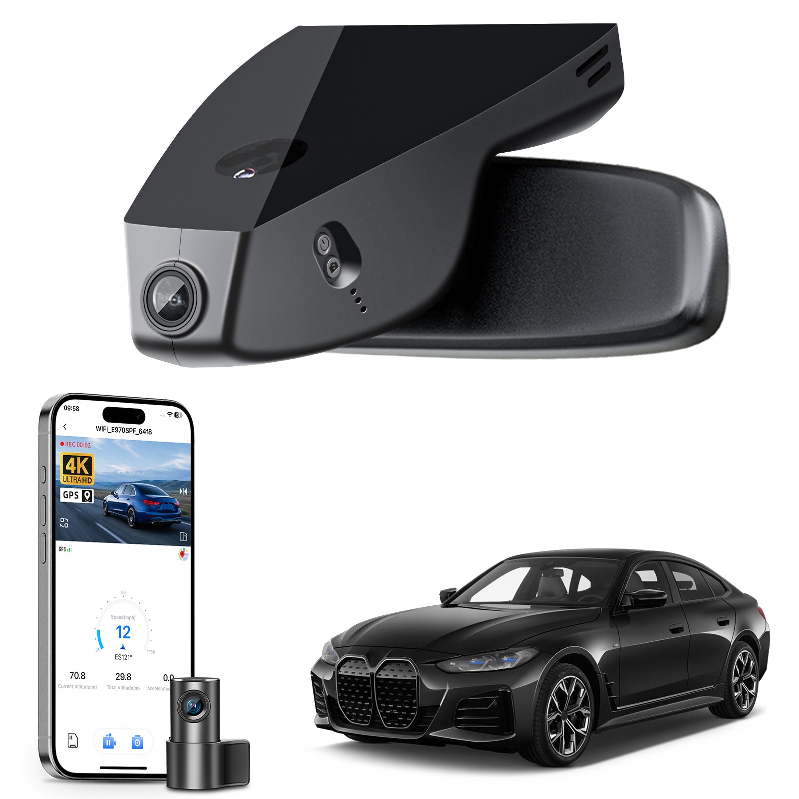 Mangoal 2 channel dash cam with STARVIS sensor, features smartphone app control, front 4K UHD and rear Full HD recording, GPS tracking, and BMW-i4 models in the background.