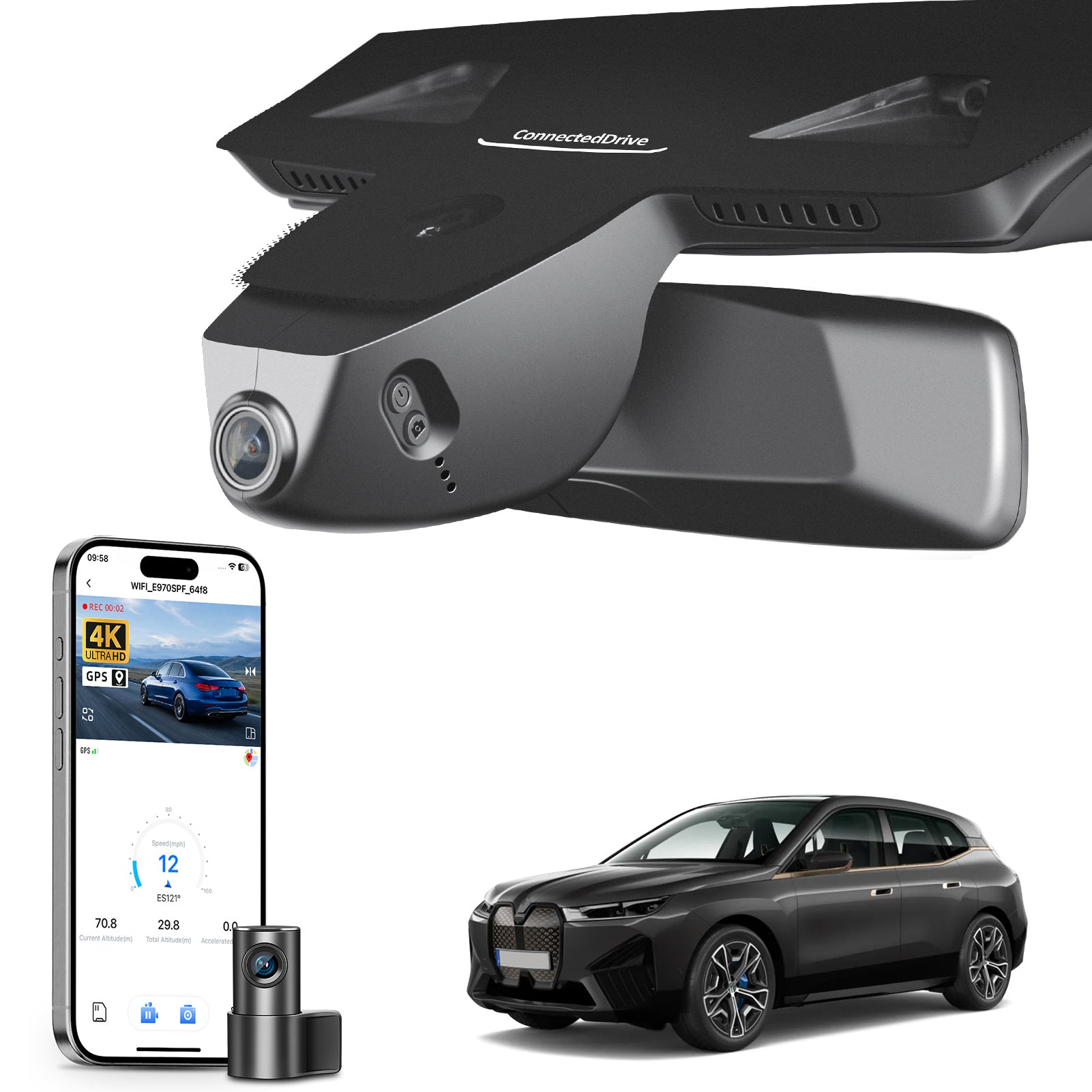 Mangoal 2 channel dash cam with STARVIS sensor, features smartphone app control, front 4K UHD and rear Full HD recording, GPS tracking, and BMW-iX models in the background.