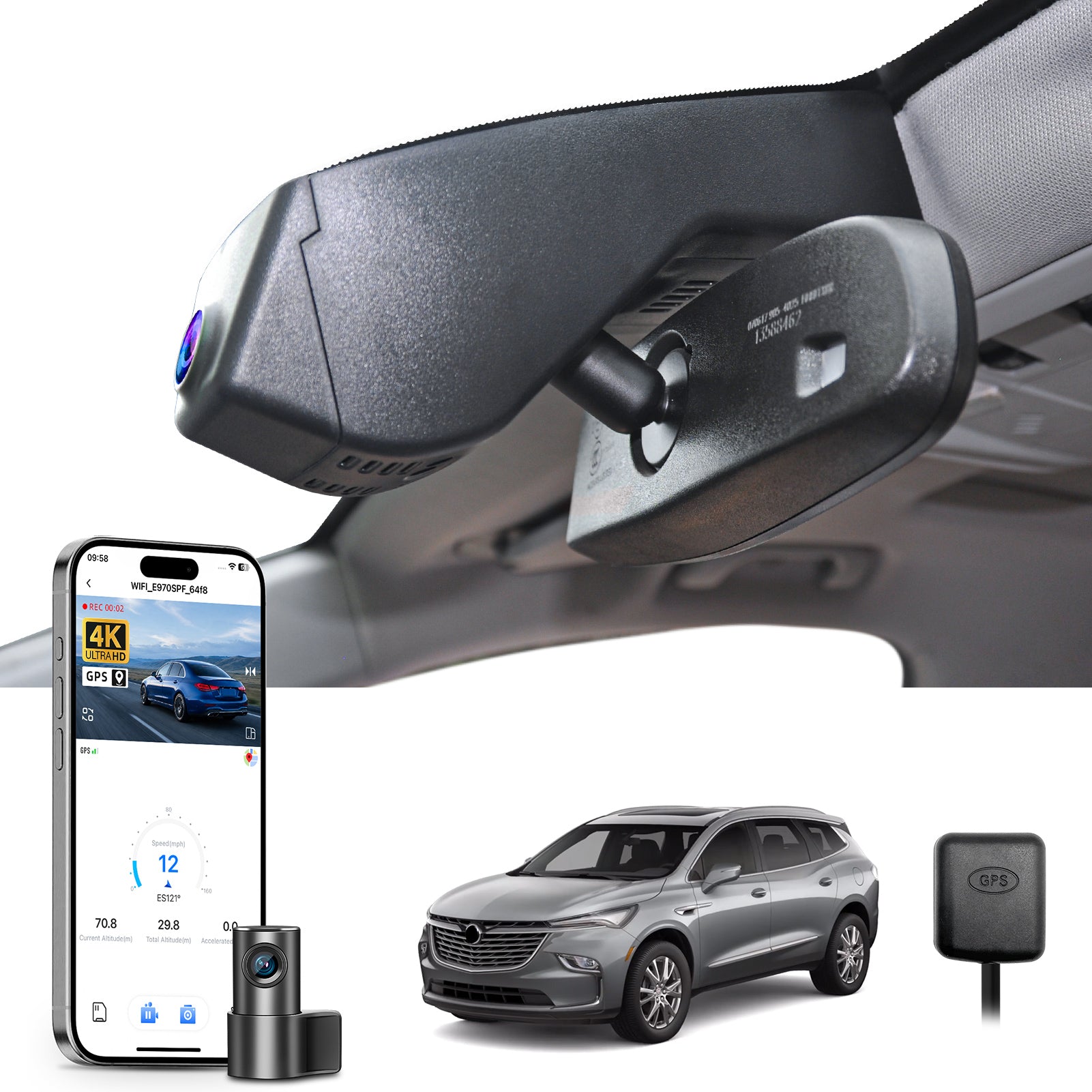 Mangoal 2 channel dash cam with STARVIS sensor, features smartphone app control, front 4K UHD and rear Full HD recording, GPS tracking, and Buick Enclave models in the background.