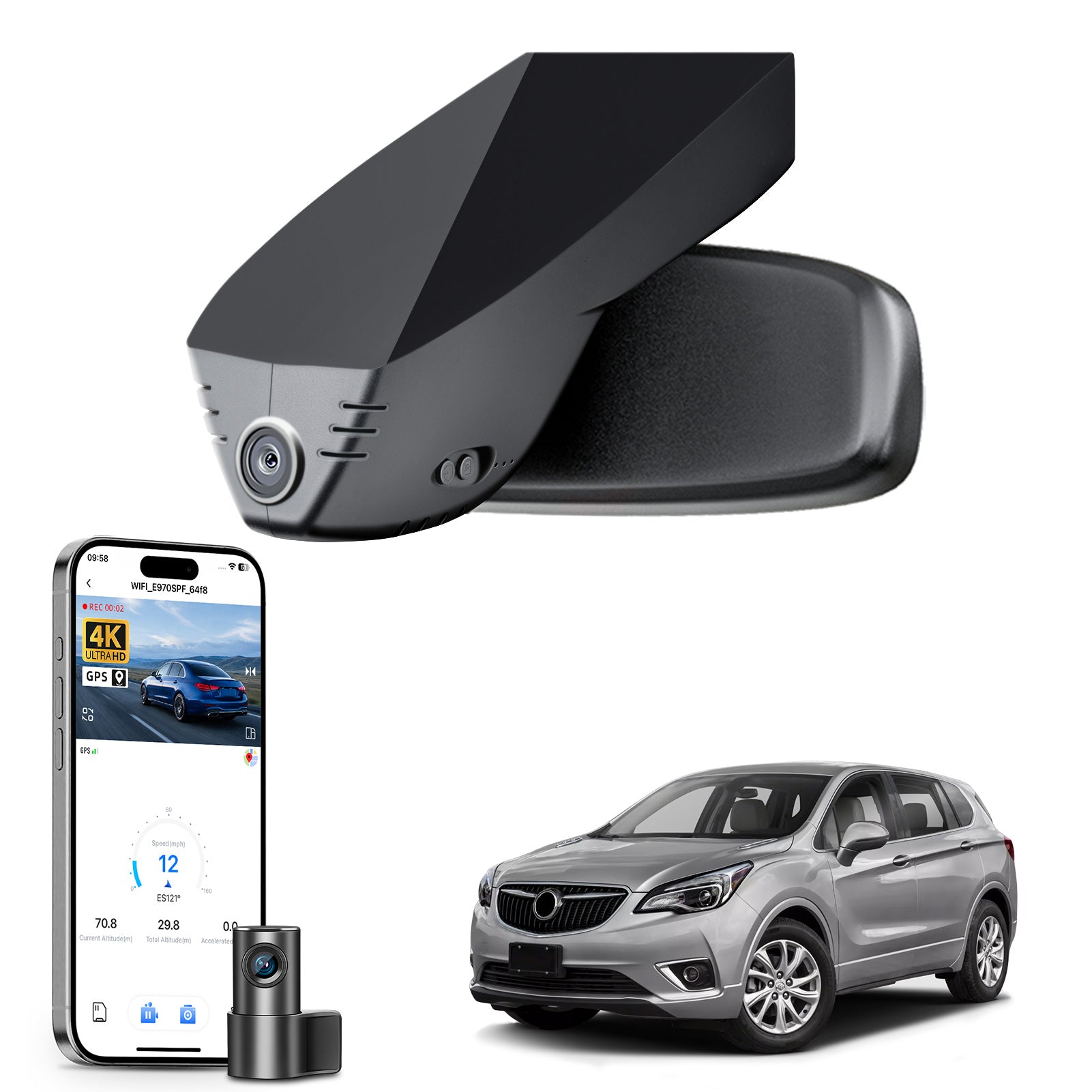 
Mangoal 2 channel dash cam with STARVIS sensor, features smartphone app control, front 4K UHD and rear Full HD recording, GPS tracking, and Buick Envision models in the background.