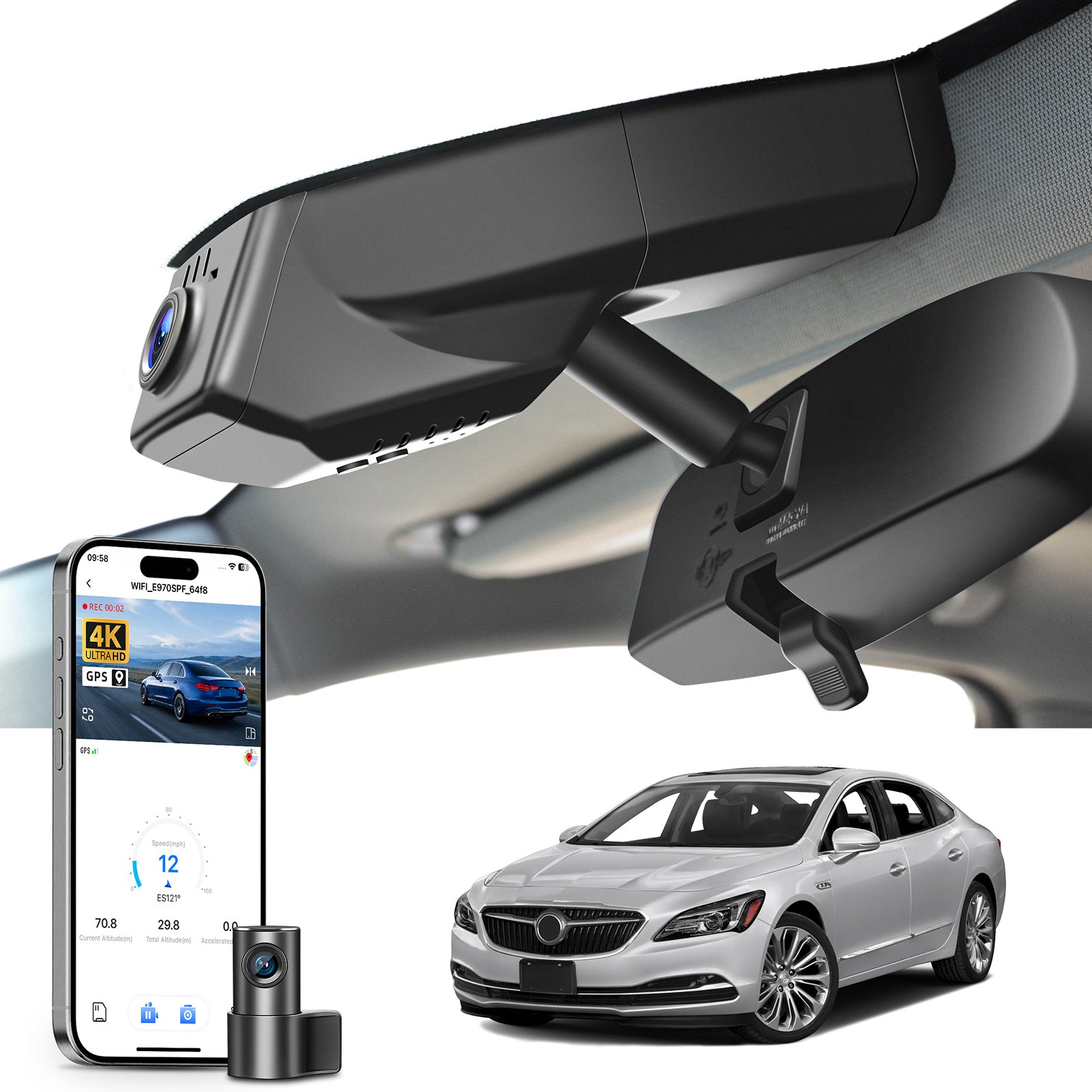 Mangoal 2 channel dash cam with STARVIS sensor, features smartphone app control, front 4K UHD and rear Full HD recording, GPS tracking, and Buick Lacrosse models in the background.