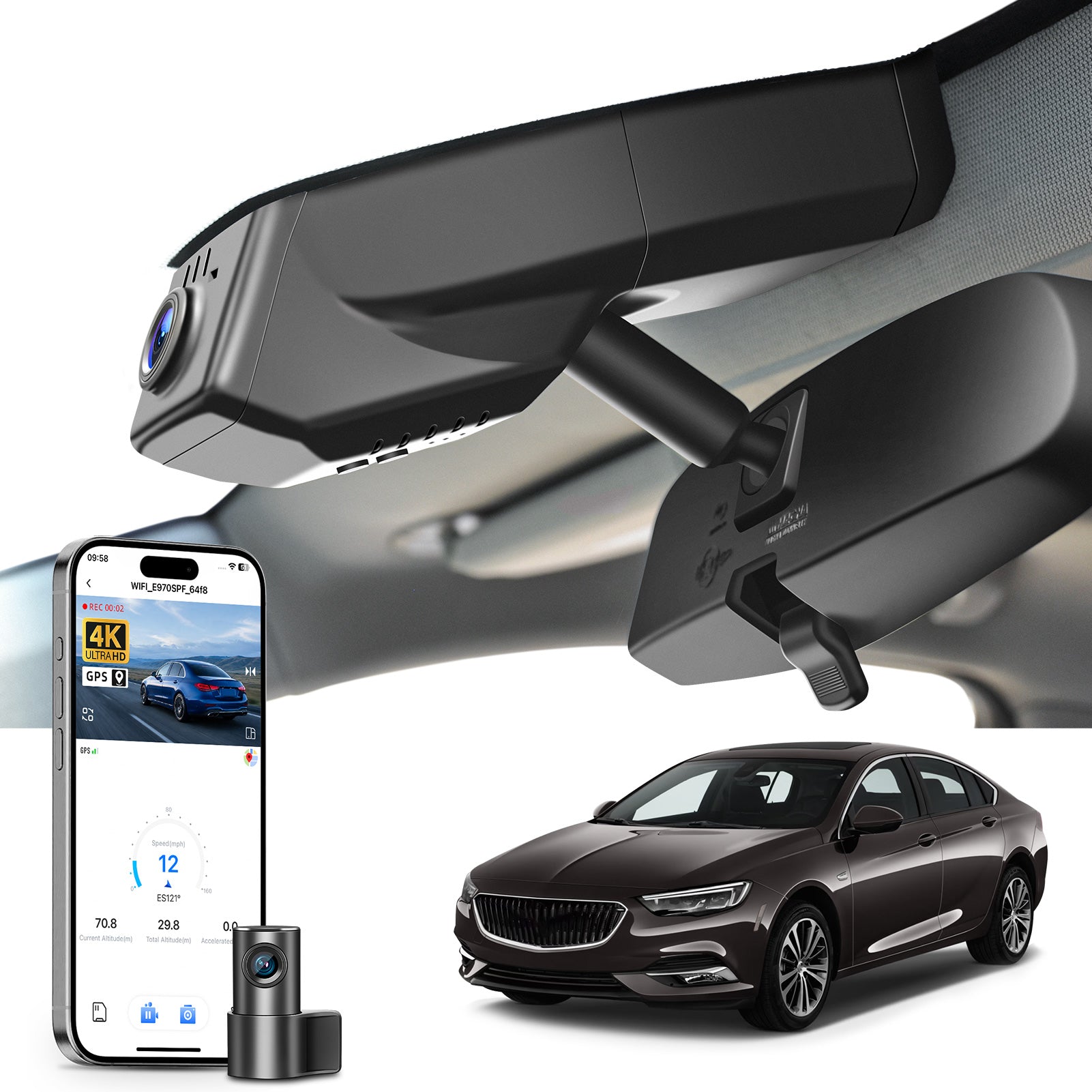 Mangoal 2 channel dash cam with STARVIS sensor, features smartphone app control, front 4K UHD and rear Full HD recording, GPS tracking, and Buick Regal models in the background.