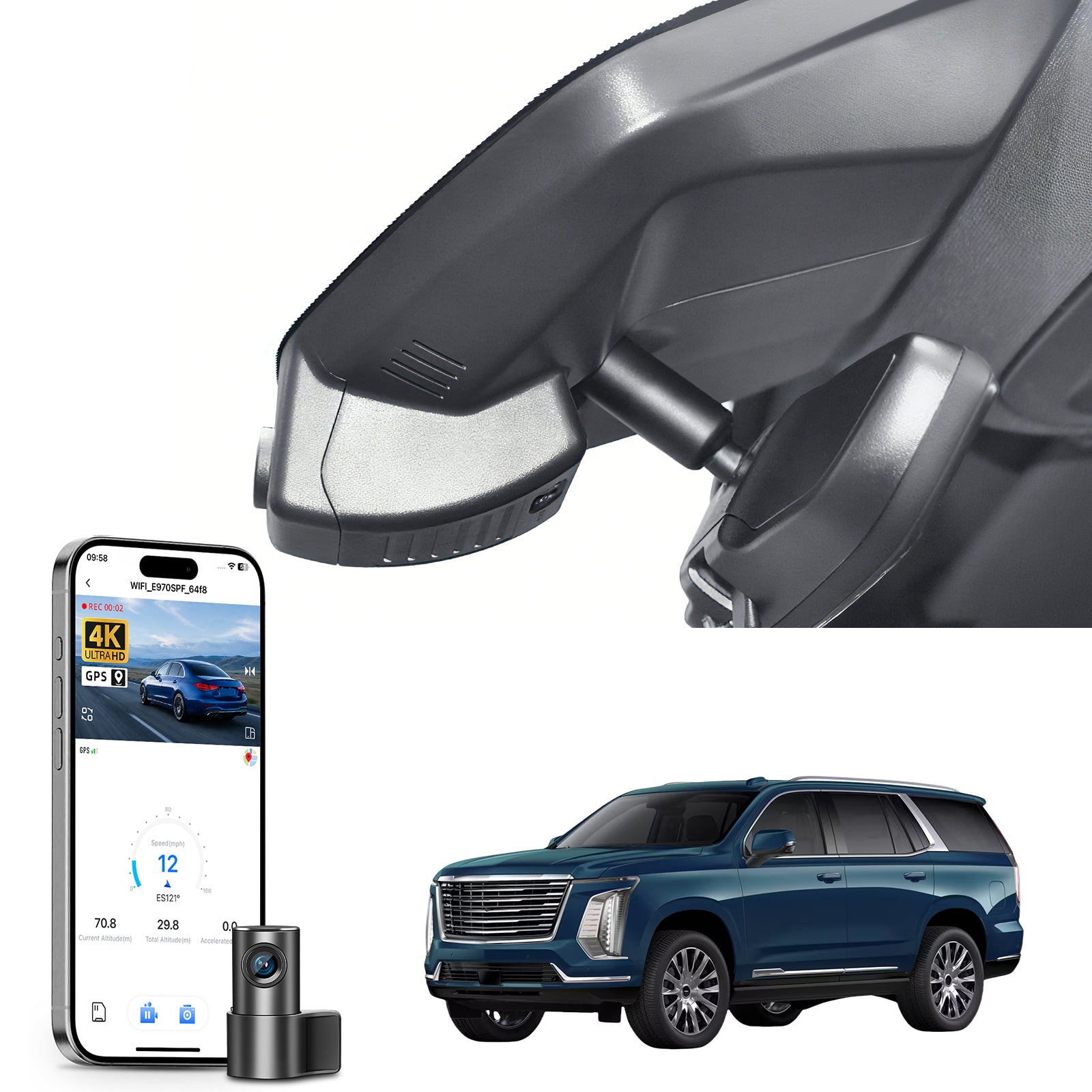 Mangoal 2 channel dash cam with STARVIS sensor, features smartphone app control, front 4K UHD and rear Full HD recording, GPS tracking, and Cadillac Escalade SUV models in the background.