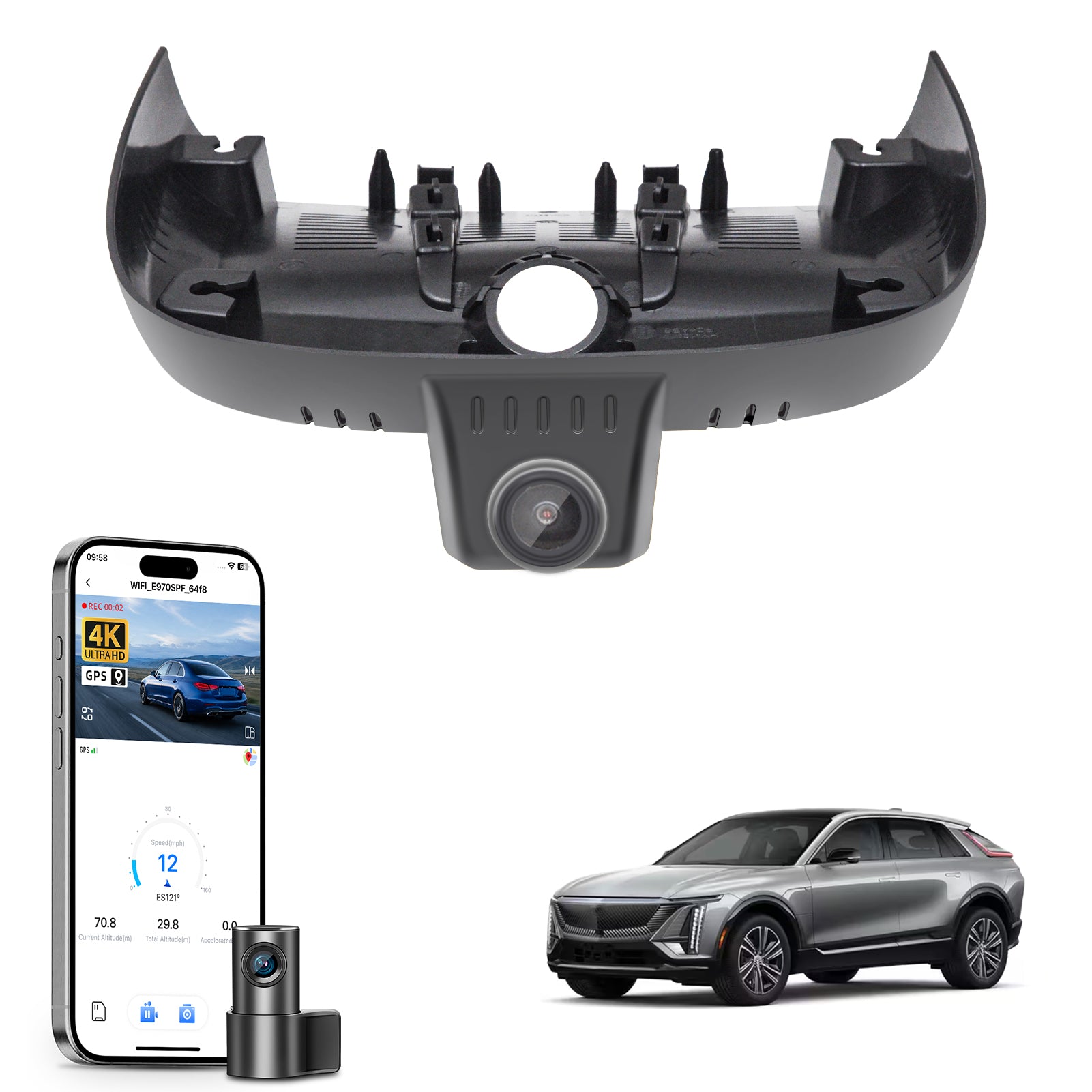 Mangoal 2 channel dash cam with STARVIS sensor, features smartphone app control, front 4K UHD and rear Full HD recording, GPS tracking, and Cadillac Escalade Lyriq models in the background.