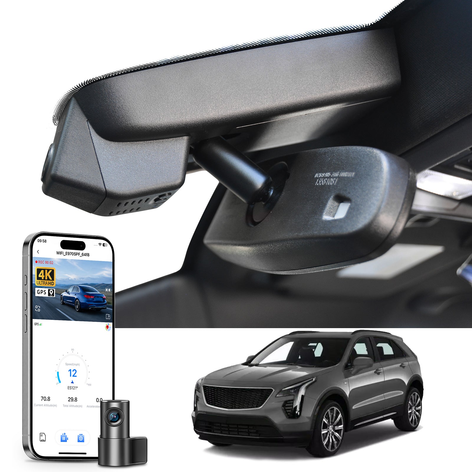 Mangoal 2 channel dash cam with STARVIS sensor, features smartphone app control, front 4K UHD and rear Full HD recording, GPS tracking, and Cadillac XT4 models in the background.