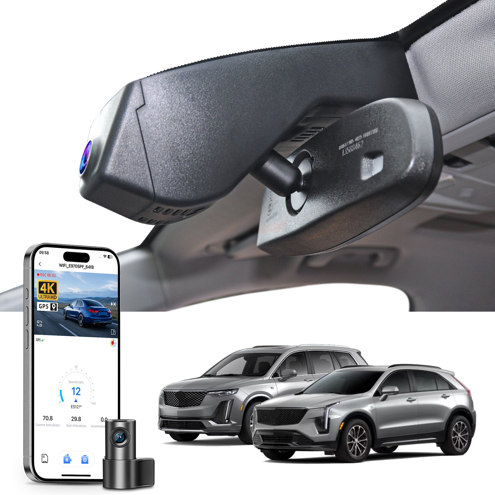 Mangoal 2 channel dash cam with STARVIS sensor, features smartphone app control, front 4K UHD and rear Full HD recording, GPS tracking, and Cadillac XT5 models in the background.