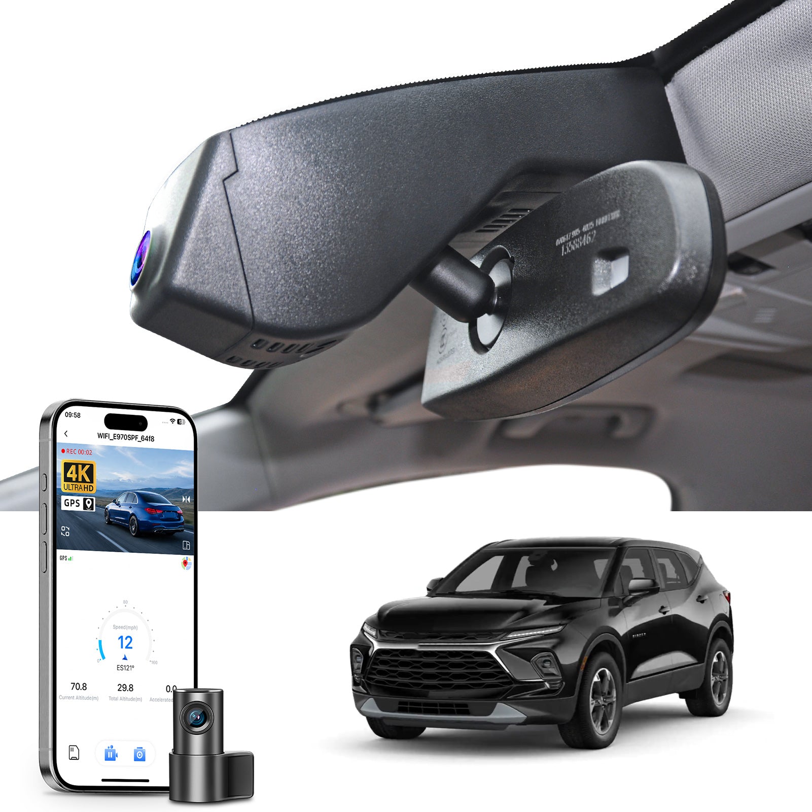 Mangoal 2 channel dash cam with STARVIS sensor, features smartphone app control, front 4K UHD and rear Full HD recording, GPS tracking, and Chevy Blazer models in the background.