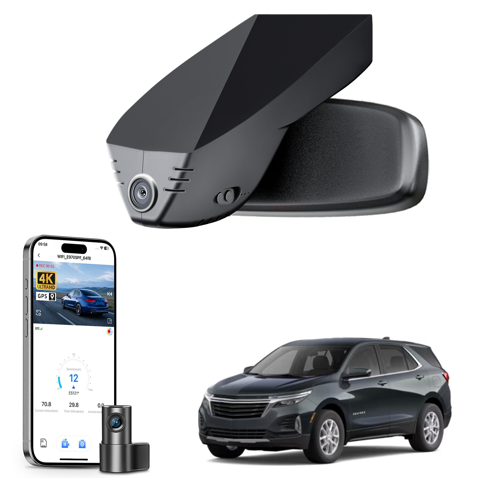 Mangoal 2 channel dash cam with STARVIS sensor, features smartphone app control, front 4K UHD and rear Full HD recording, GPS tracking, and Chevy Equinox models in the background.