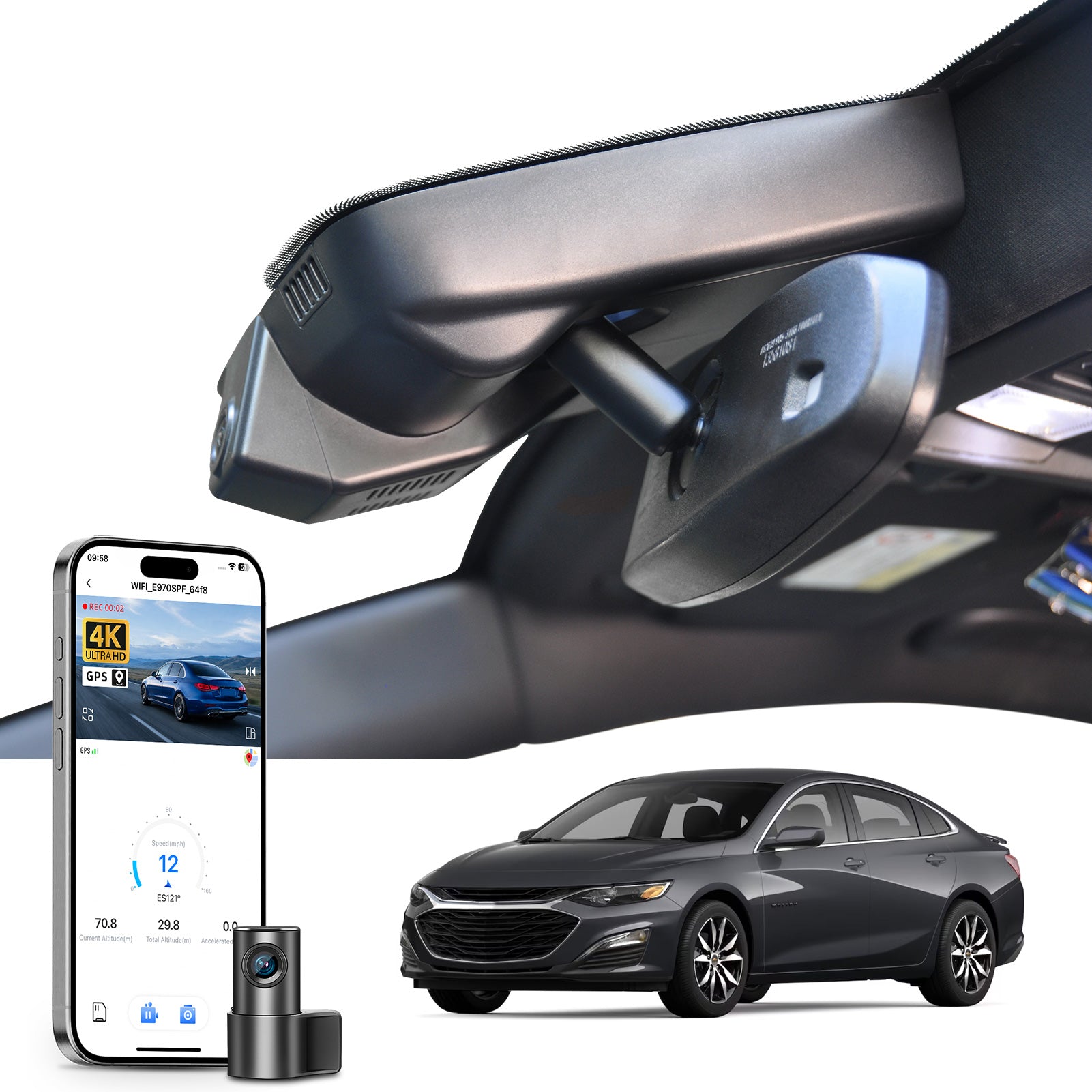 
Mangoal 2 channel dash cam with STARVIS sensor, features smartphone app control, front 4K UHD and rear Full HD recording, GPS tracking, and Chevy Malibu models in the background.