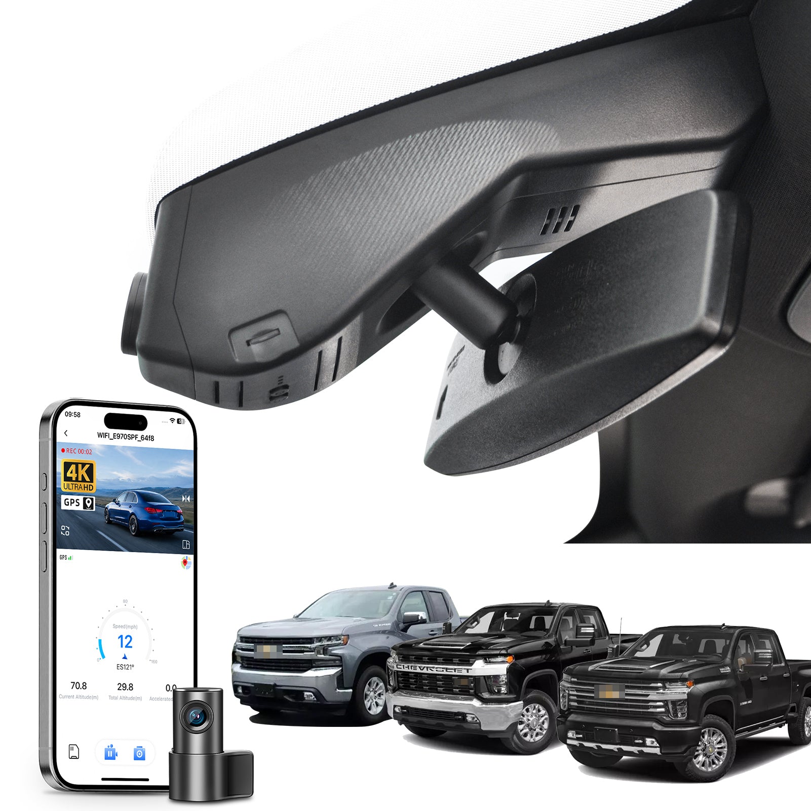 Mangoal 2 channel dash cam with STARVIS sensor, features smartphone app control, front 4K UHD and rear Full HD recording, GPS tracking, and Chevy Silverado models in the background.