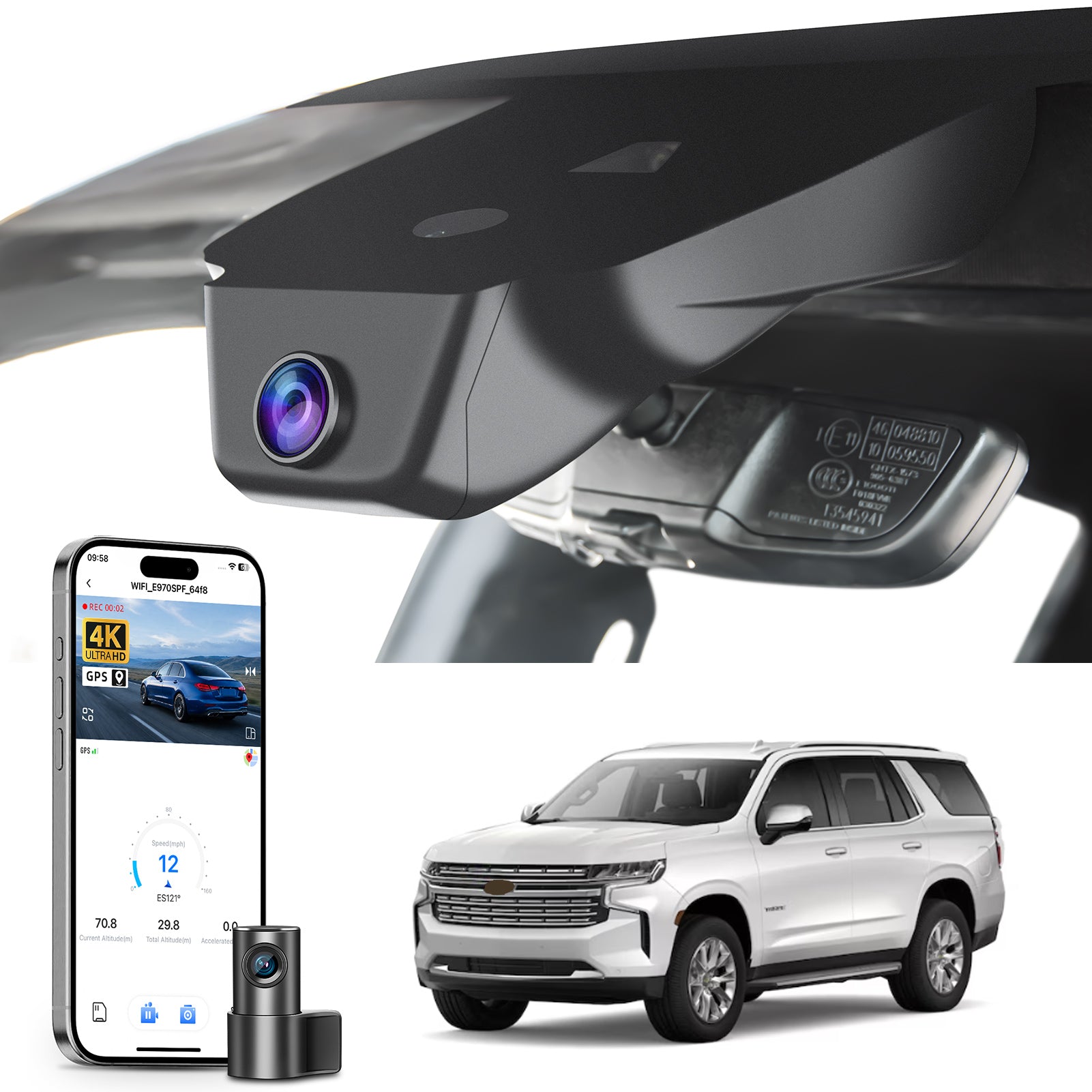 Mangoal 2 channel dash cam with STARVIS sensor, features smartphone app control, front 4K UHD and rear Full HD recording, GPS tracking, and Chevy Suburban Tahoe models in the background.