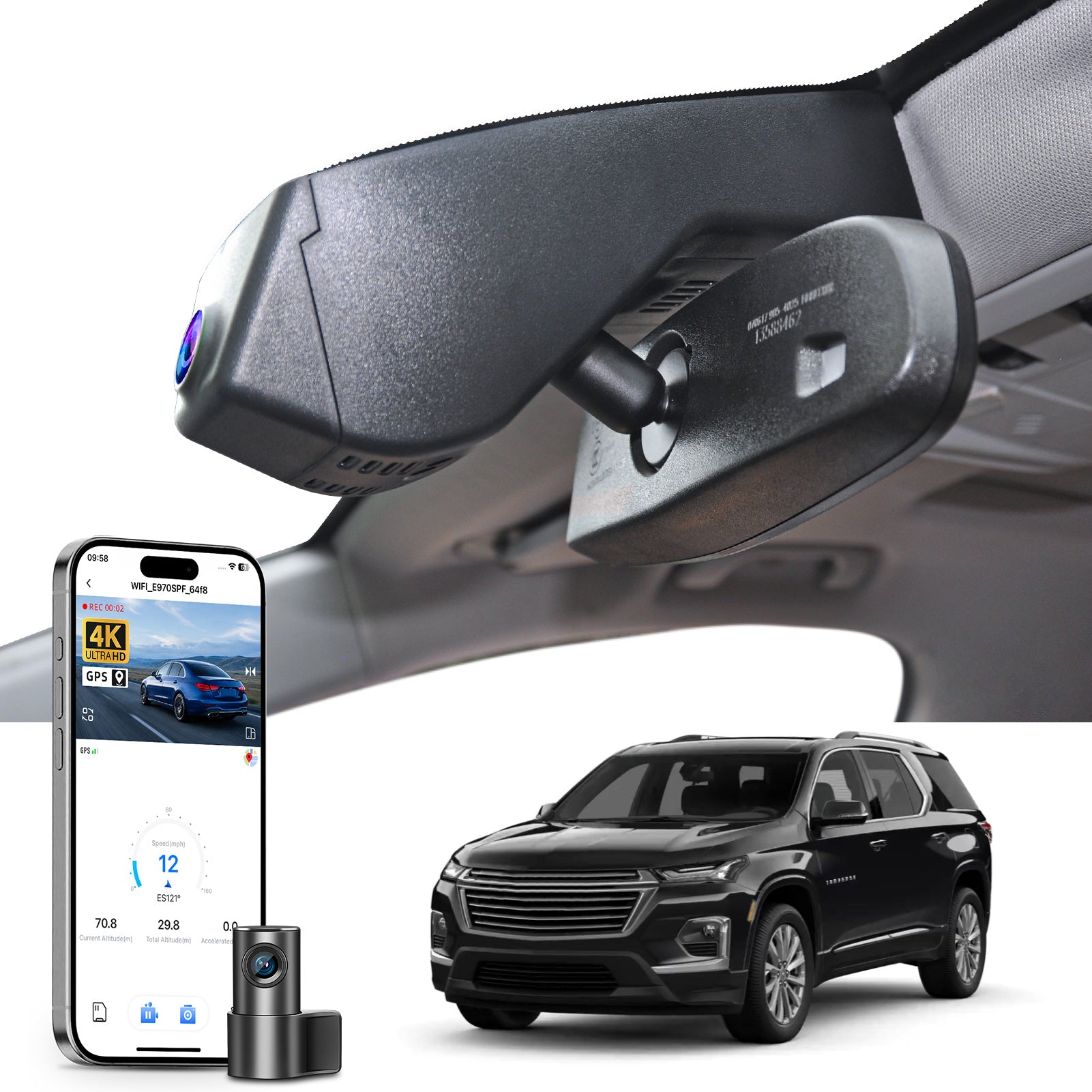 Mangoal 2 channel dash cam with STARVIS sensor, features smartphone app control, front 4K UHD and rear Full HD recording, GPS tracking, and Chevy Traverse models in the background.
