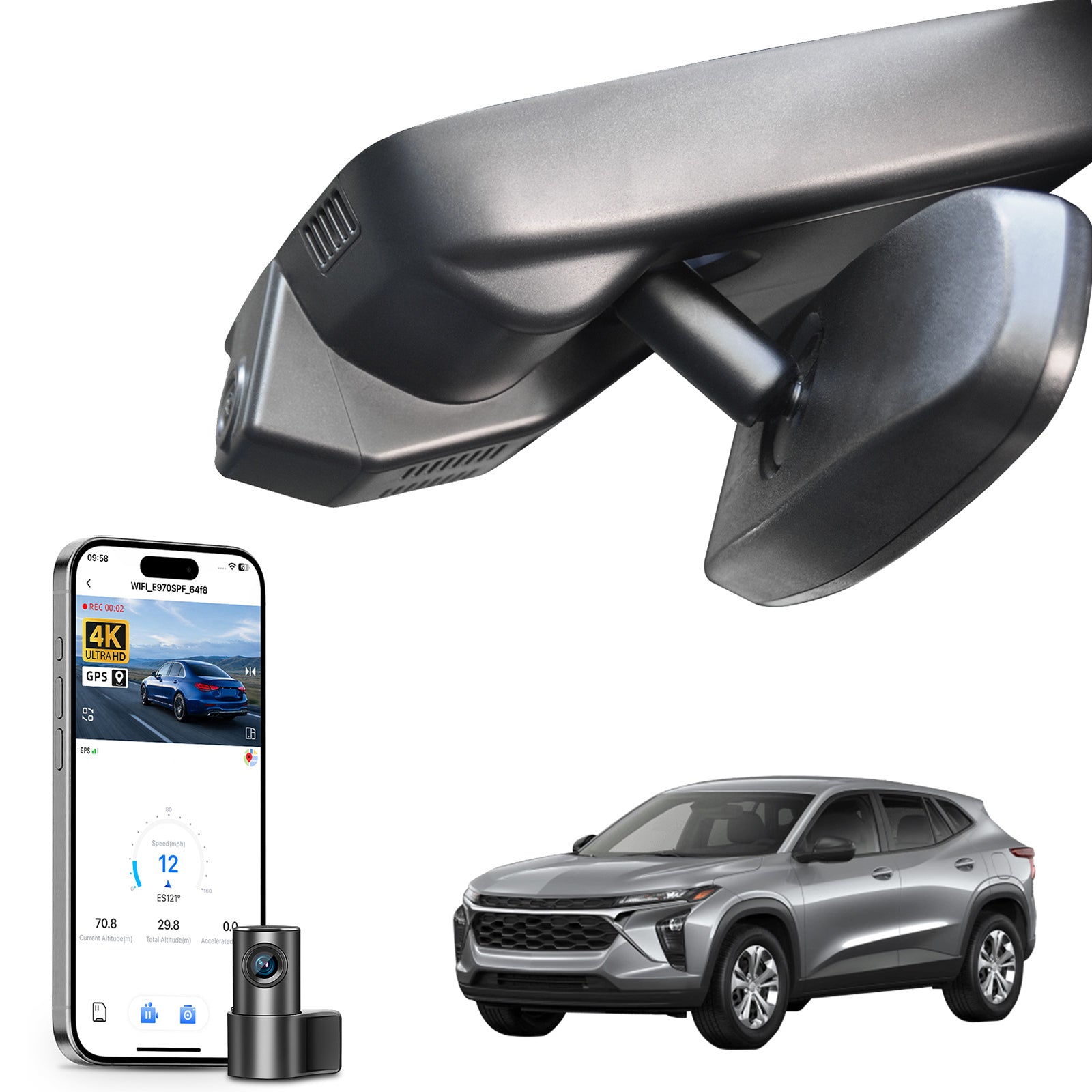 
Mangoal 2 channel dash cam with STARVIS sensor, features smartphone app control, front 4K UHD and rear Full HD recording, GPS tracking, and Chevy Trax models in the background.