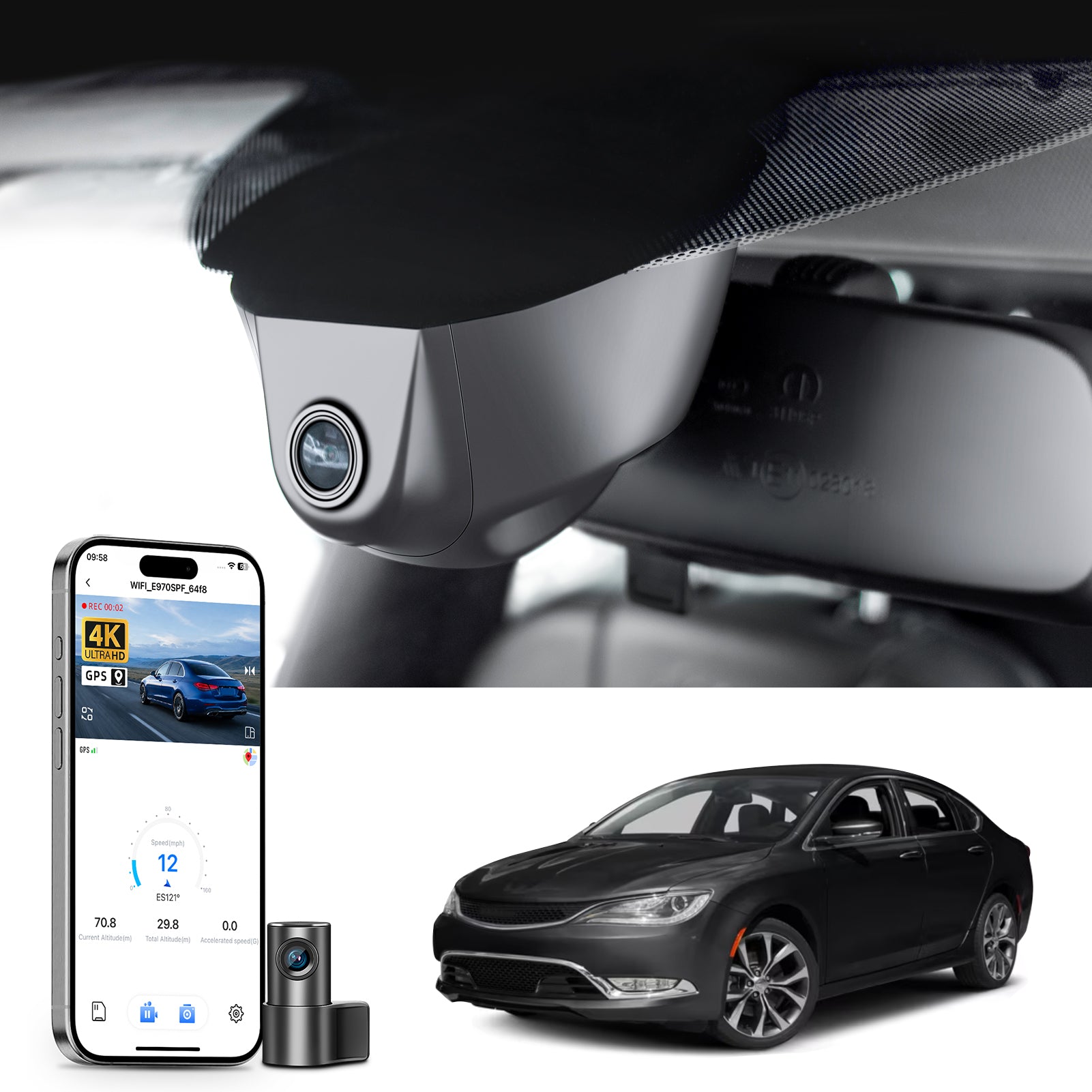 Mangoal 2 channel dash cam with STARVIS sensor, features smartphone app control, front 4K UHD and rear Full HD recording, GPS tracking, and Chrysler 200 models in the background.