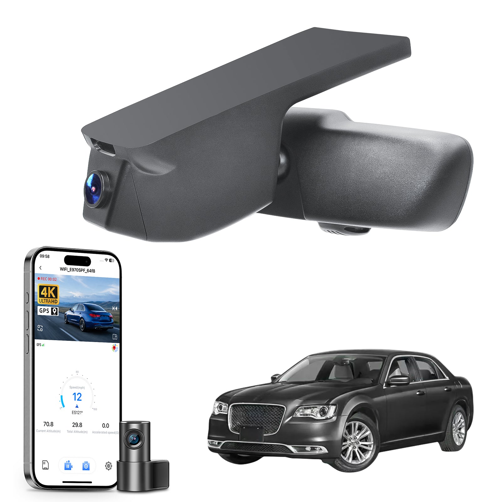 Mangoal 2 channel dash cam with STARVIS sensor, features smartphone app control, front 4K UHD and rear Full HD recording, GPS tracking, and Chrysler 300 models in the background.
