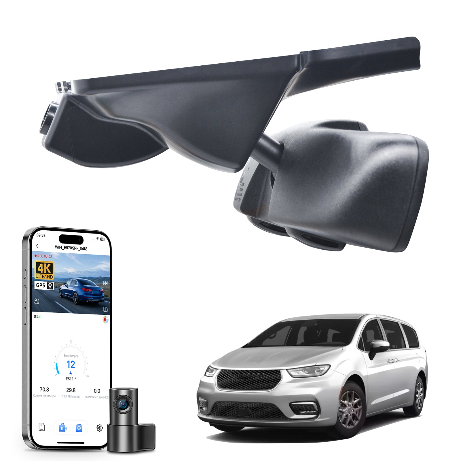 
Mangoal 2 channel dash cam with STARVIS sensor, features smartphone app control, front 4K UHD and rear Full HD recording, GPS tracking, and Chrysler Pacifica models in the background.