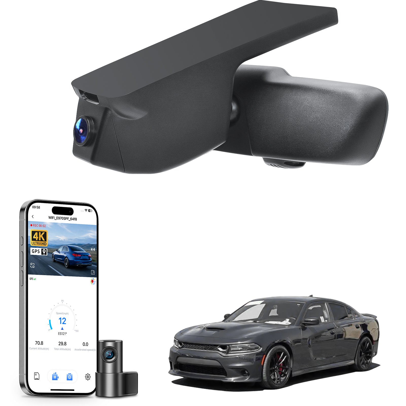 Mangoal 2 channel dash cam with STARVIS sensor, features smartphone app control, front 4K UHD and rear Full HD recording, GPS tracking, and Dodge Charger models in the background.