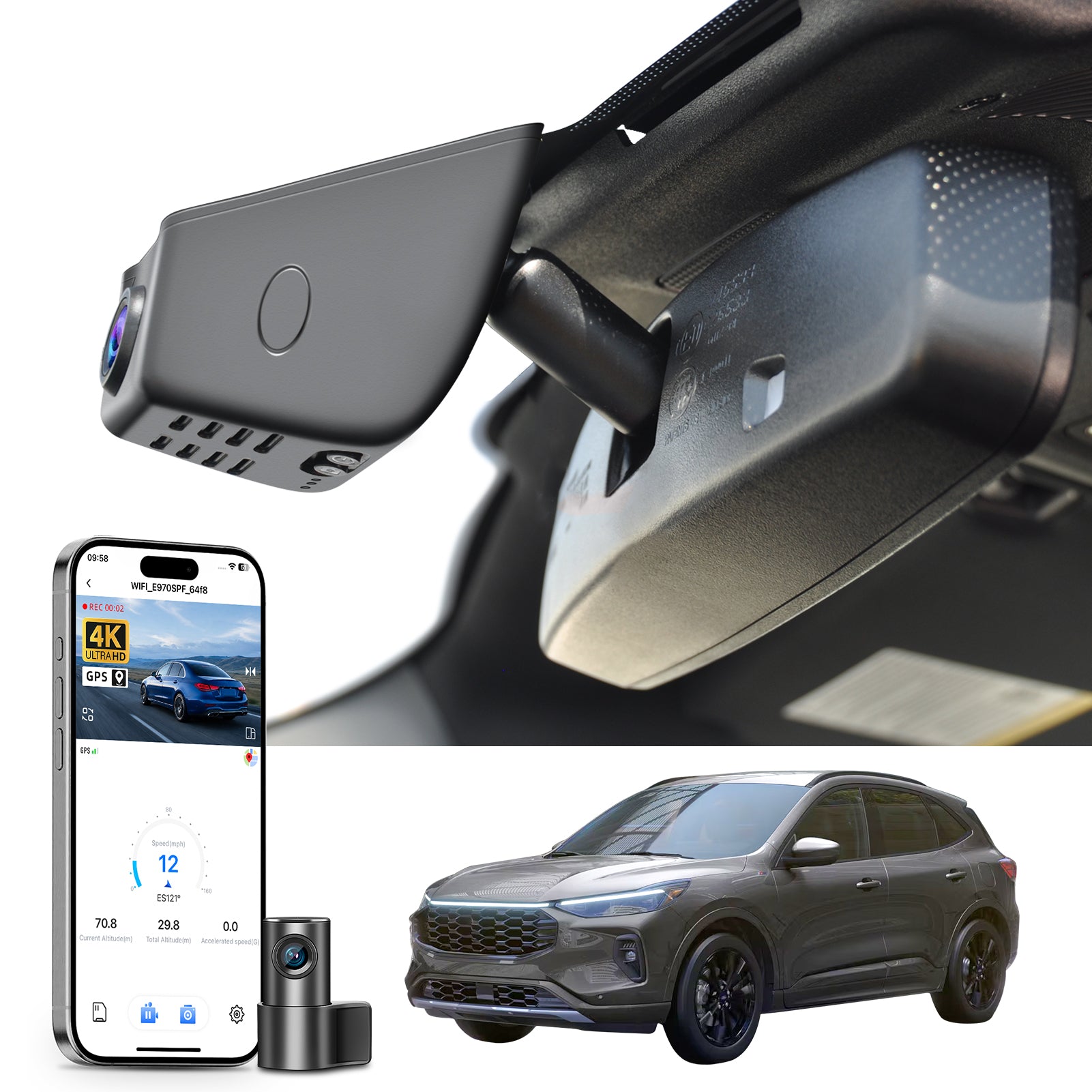 Mangoal 2 channel dash cam with STARVIS sensor, features smartphone app control, front 4K UHD and rear Full HD recording, GPS tracking, and Ford Escape models in the background.