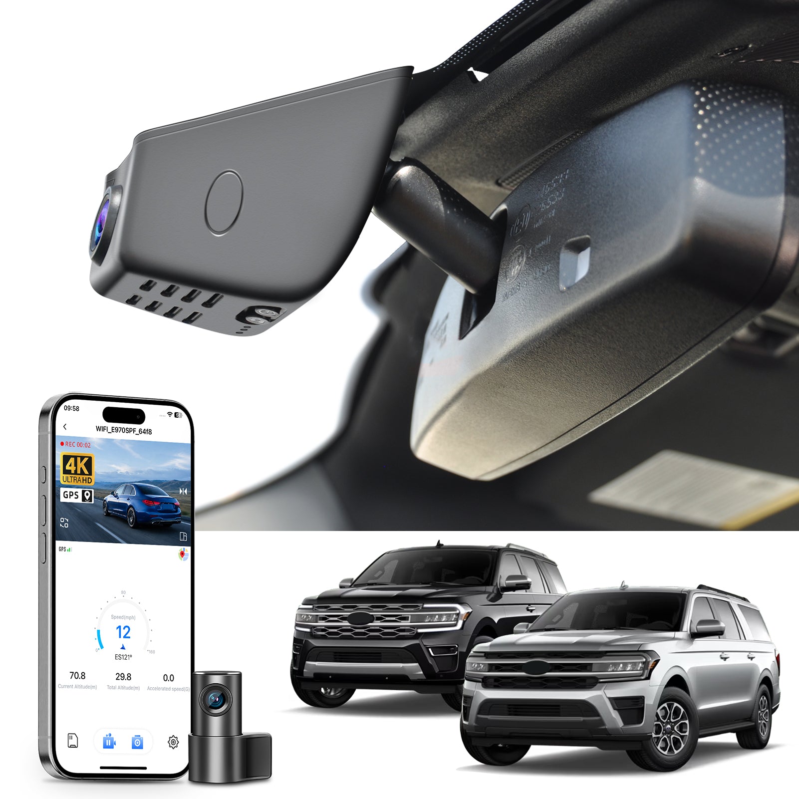 Mangoal 2 channel dash cam with STARVIS sensor, features smartphone app control, front 4K UHD and rear Full HD recording, GPS tracking, and Ford Expedition models in the background.