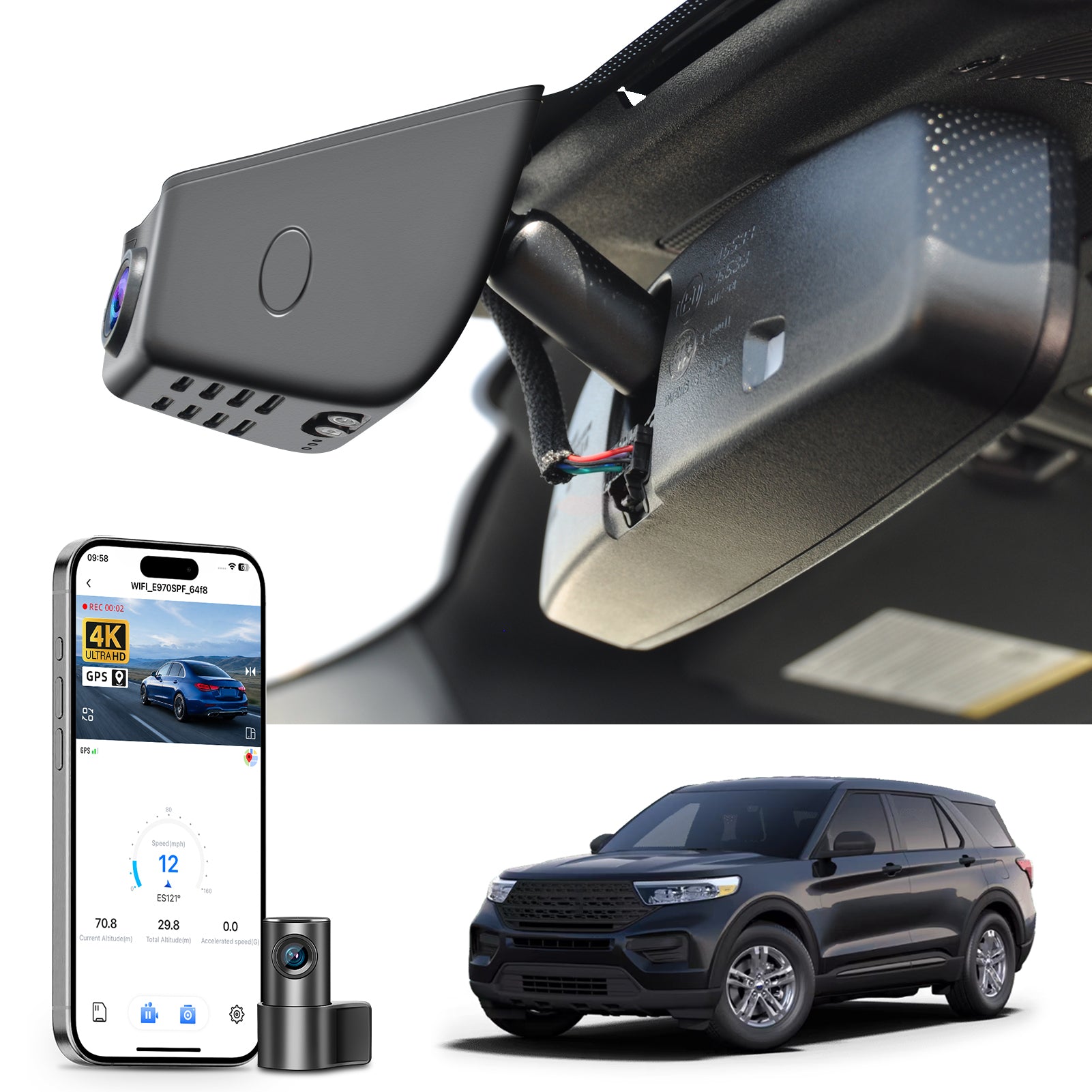Mangoal 2 channel dash cam with STARVIS sensor, features smartphone app control, front 4K UHD and rear Full HD recording, GPS tracking, and Ford Explorer models in the background