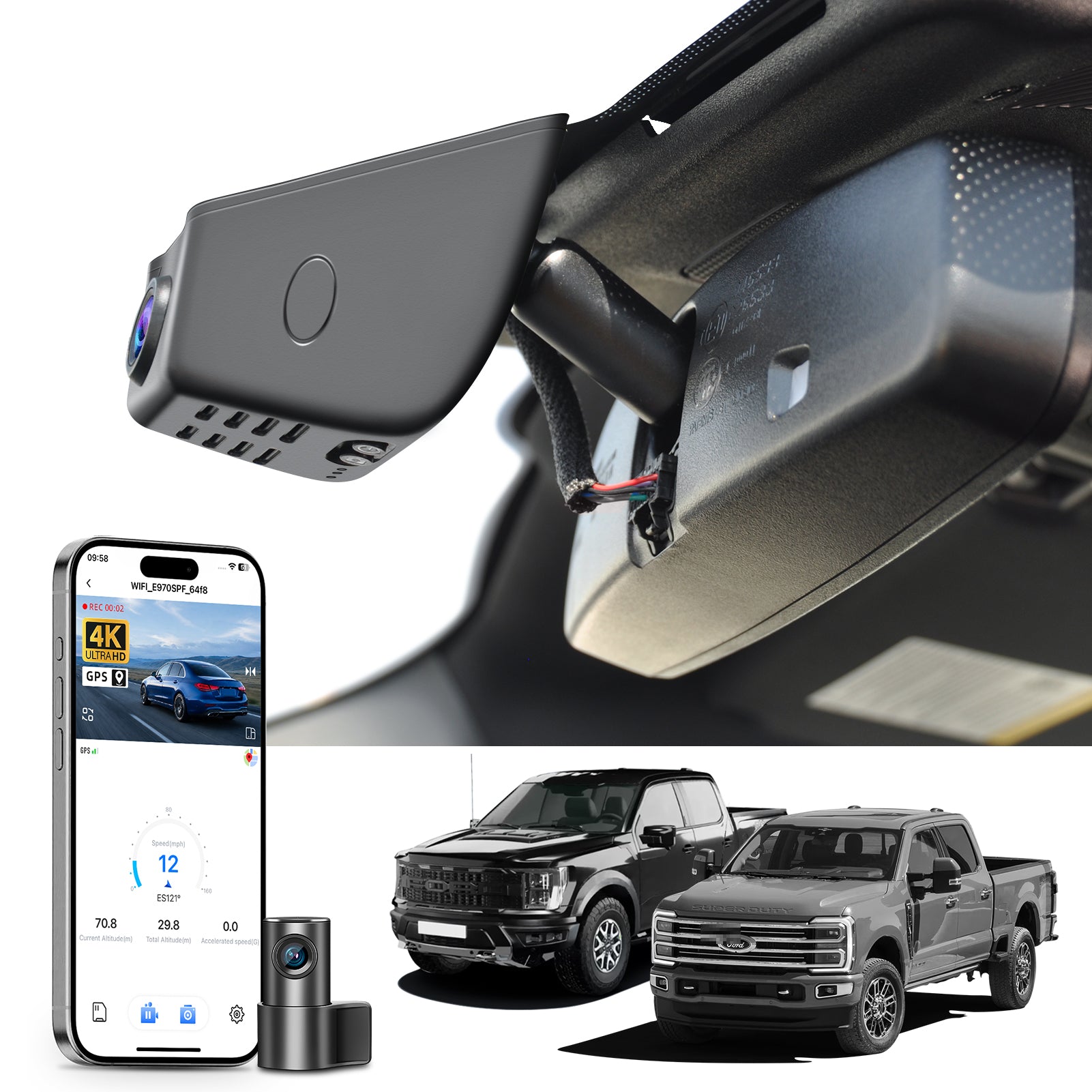 Mangoal 2 channel dash cam with STARVIS sensor, features smartphone app control, front 4K UHD and rear Full HD recording, GPS tracking, and Ford F Series models in the background.