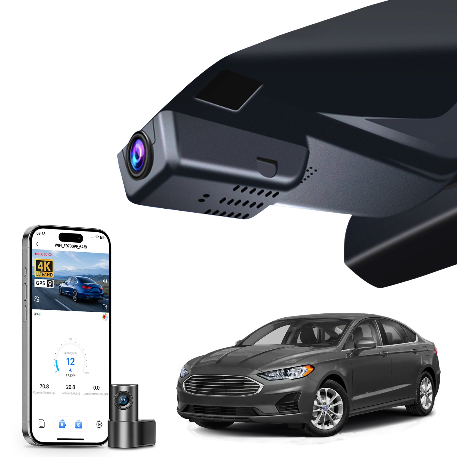 Mangoal 2 channel dash cam with STARVIS sensor, features smartphone app control, front 4K UHD and rear Full HD recording, GPS tracking, and Ford Fusion models in the background.