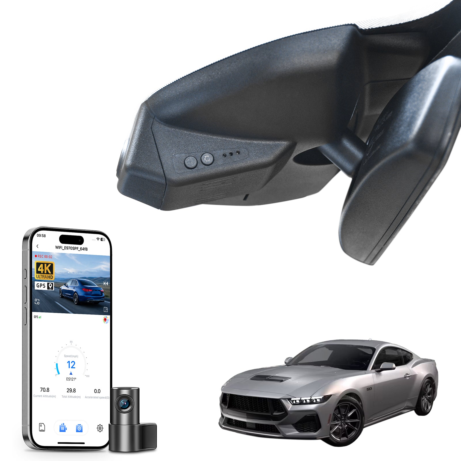 Mangoal 2 channel dash cam with STARVIS sensor, features smartphone app control, front 4K UHD and rear Full HD recording, GPS tracking, and Ford Mustang models in the background.