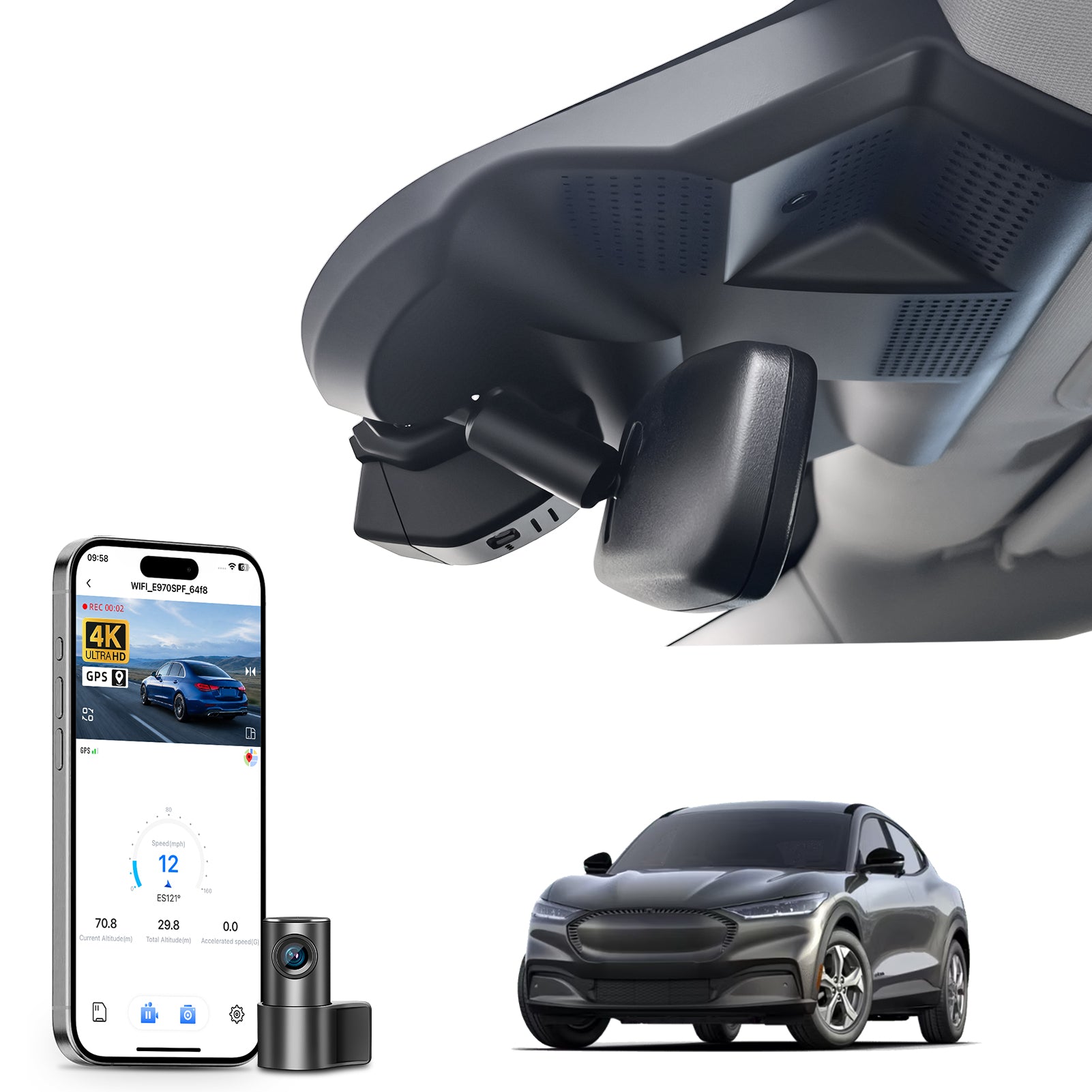 Mangoal 2 channel dash cam with STARVIS sensor, features smartphone app control, front 4K UHD and rear Full HD recording, GPS tracking, and Ford Mustang mach-E models in the background.