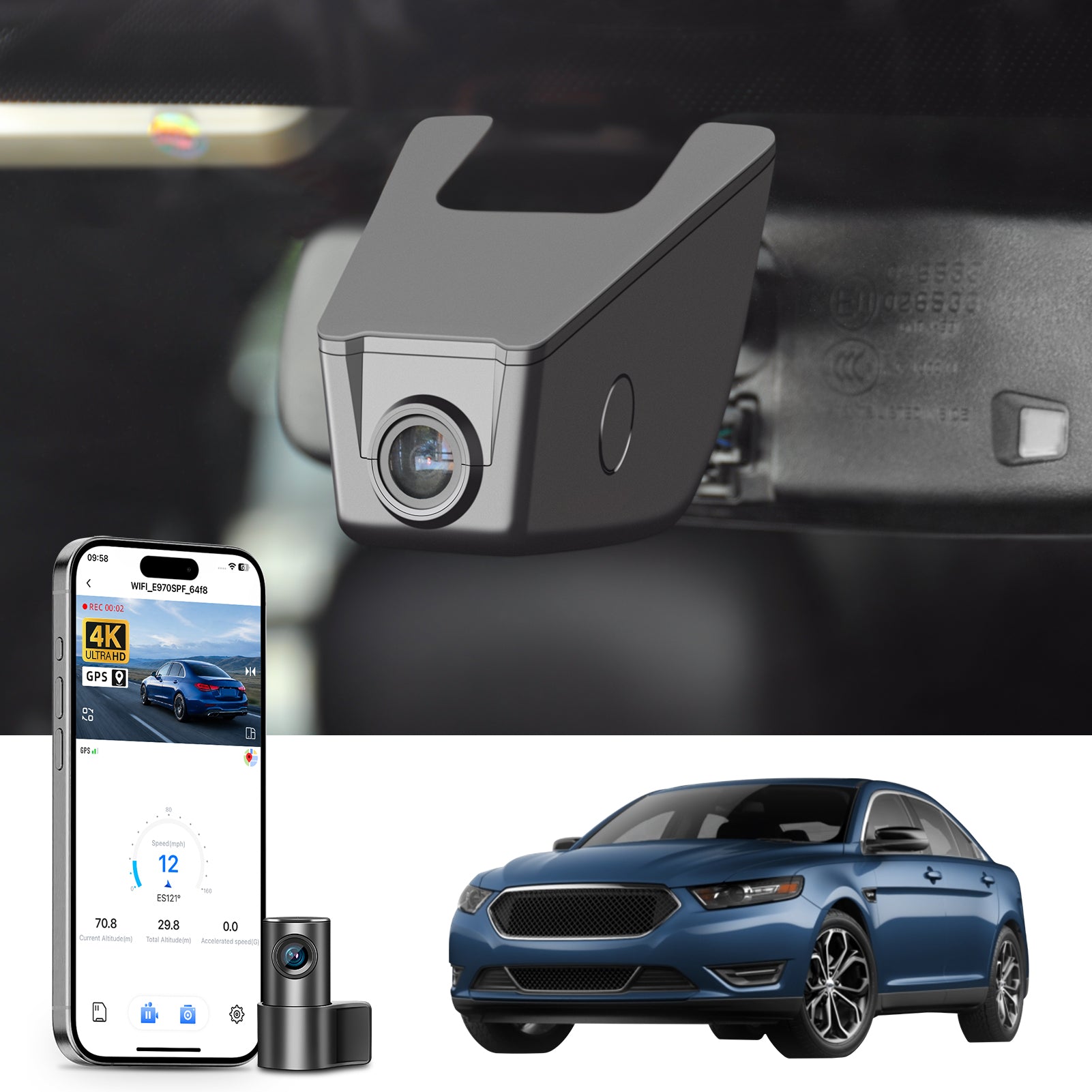 Mangoal 2 channel dash cam with STARVIS sensor, features smartphone app control, front 4K UHD and rear Full HD recording, GPS tracking, and Ford Taurus models in the background.
